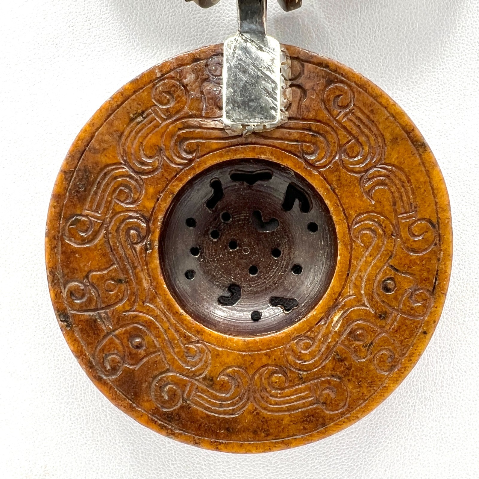 Chunky Vtg Artisan Carved Wood Bead Necklace-Asian Style Ceramic Medal Pendant