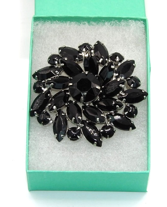 Vintage Juliana Prong-Set Jet Black Art Glass 2″ Silvertone Cluster Brooch Pin