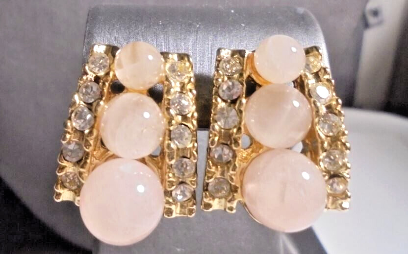 1950’s Estate Sale Pink Opalescent Faux Gem Stone W/Crystals Heavy Post Earrings