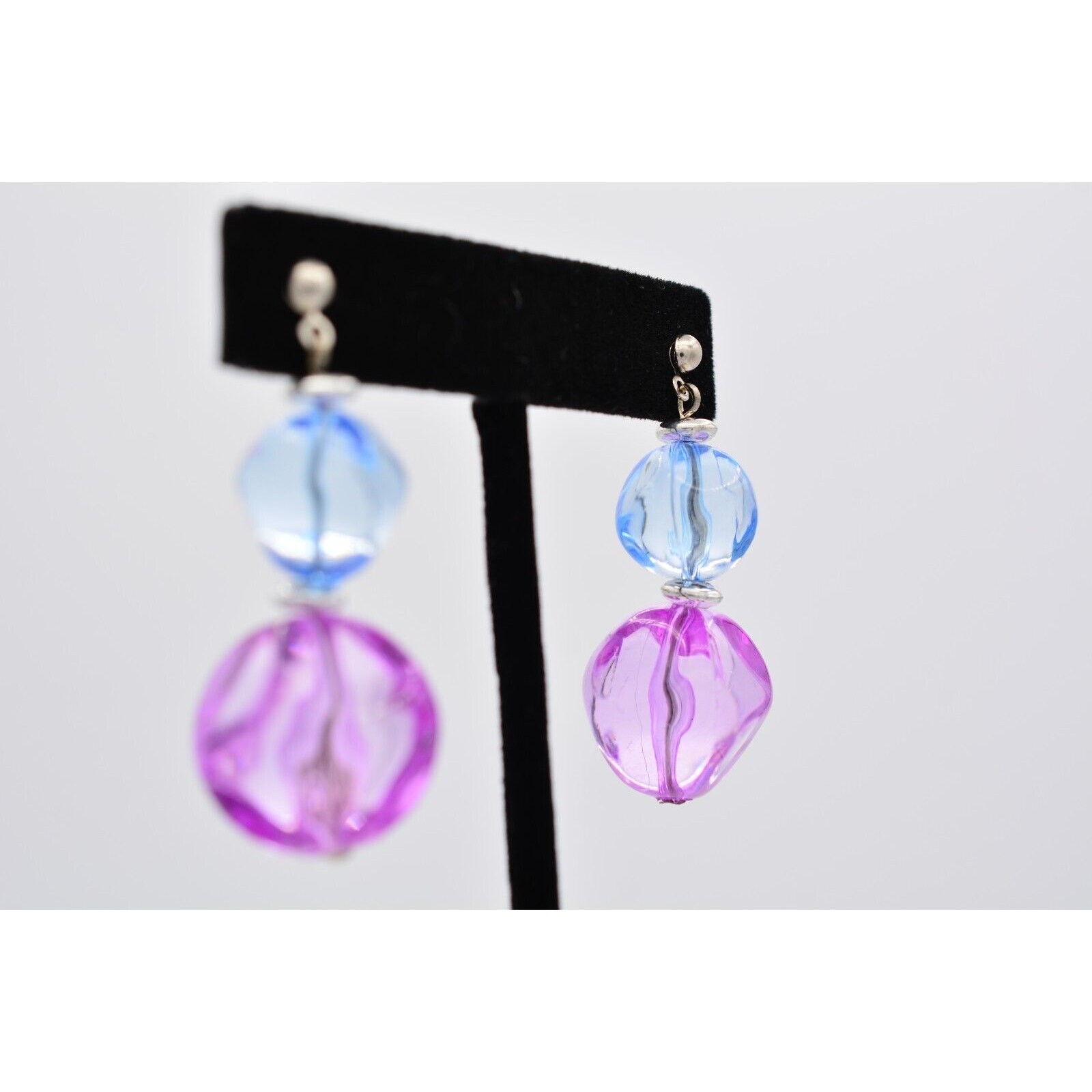Vintage Lucite Beaded Dangle Earrings Blue Juicy Pink Drop Chunky Bright 80s W1