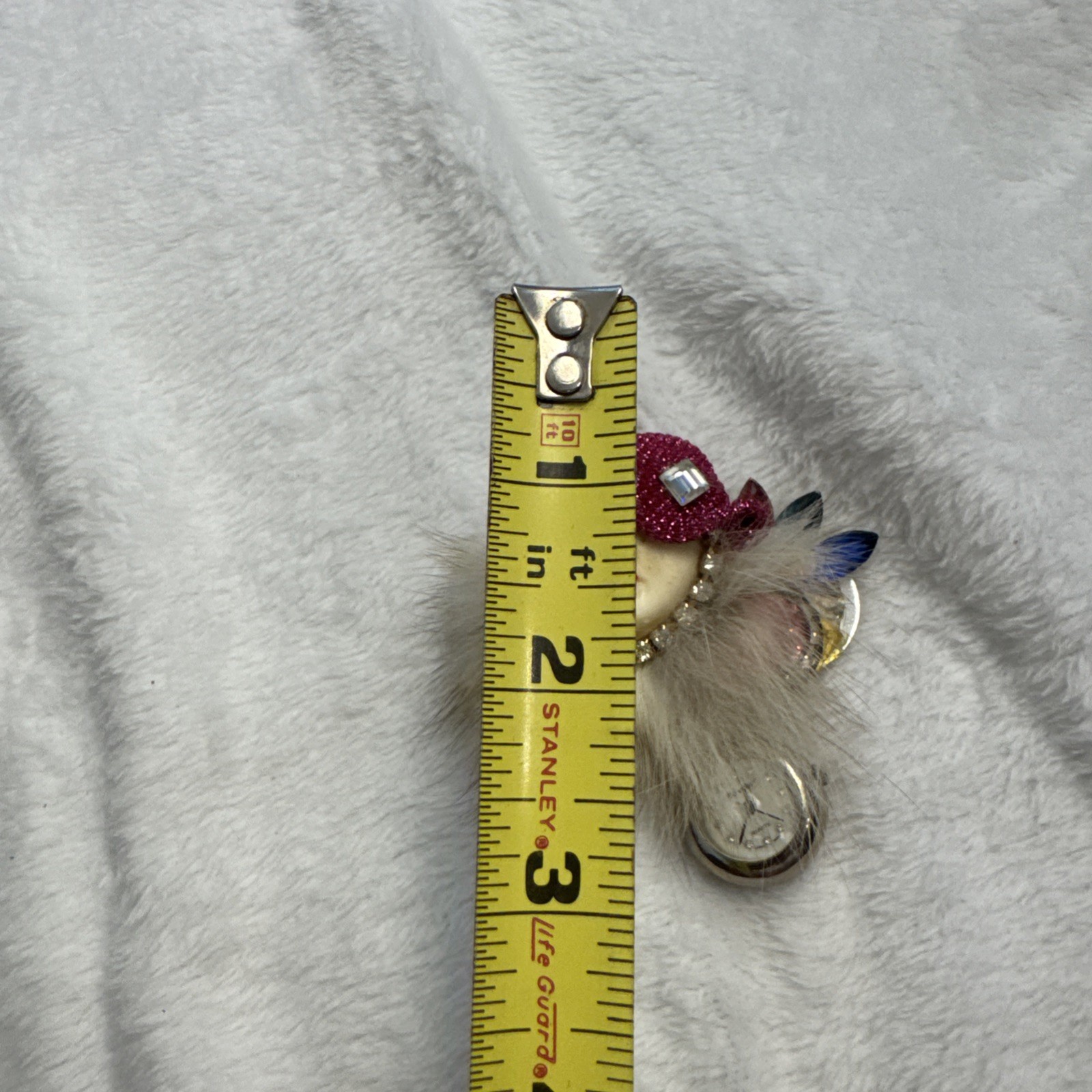 Vintage Bonetto Lady Face Watch Brooch Pin Faux Fur Rhinestone Dangle Watch