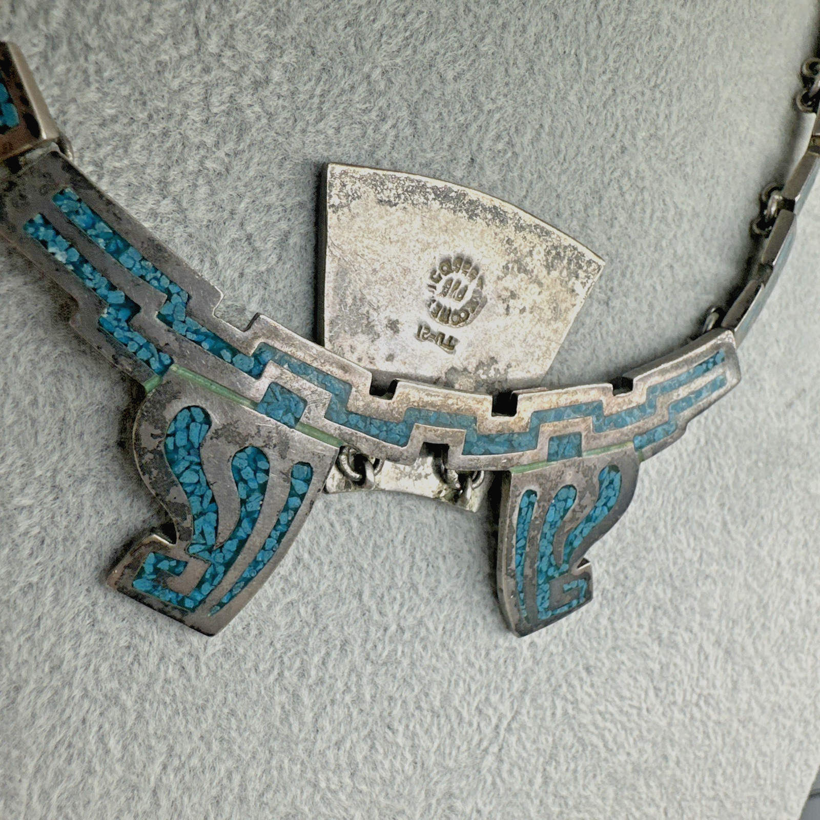 Vtg Taxco Sterling Turquoise Chip Inlay Panel Necklace 16.5″ 91.5g Signed PVB