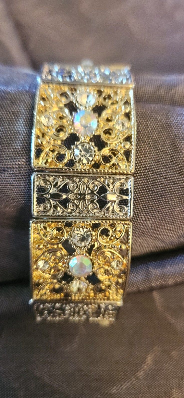 Vintage Filigree Panel Bracelet 2 Tone Box Link Crystal Accent stretch band