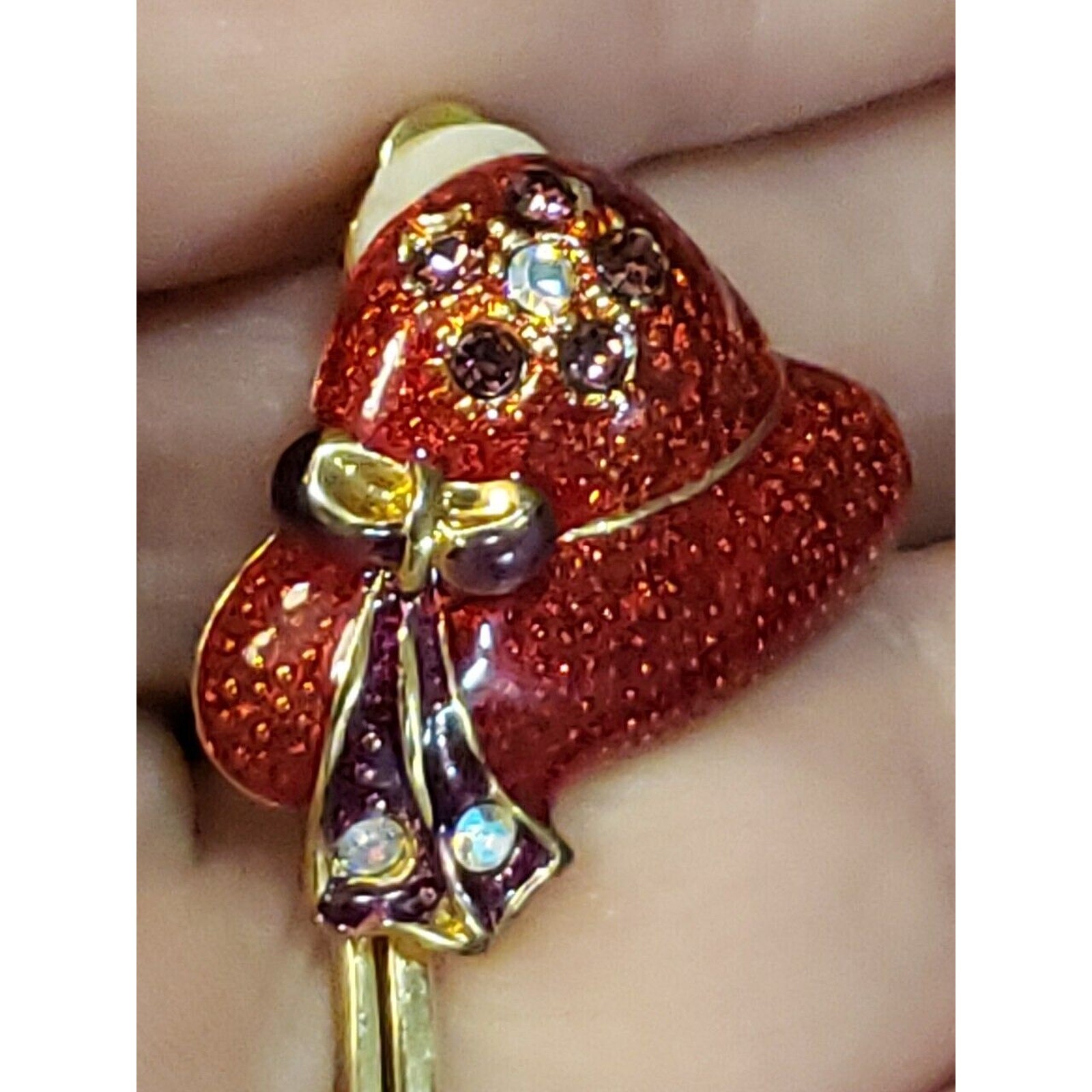 Red Hat Clip On Earrings, Red & Purple Enamel Aurora Borealis Crystals Gold Tone