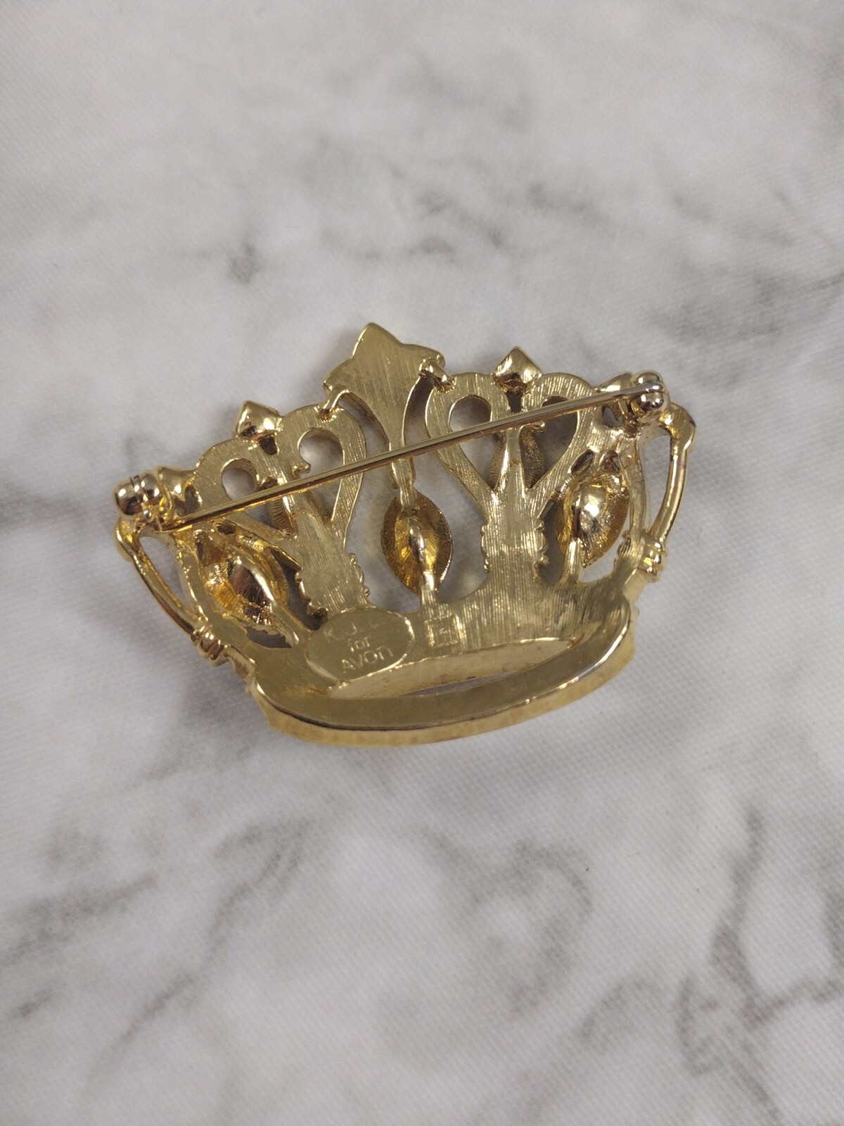 Signed KJL for Avon Vintage Crown Brooch, Pin Gold Tone with White Rhinestones