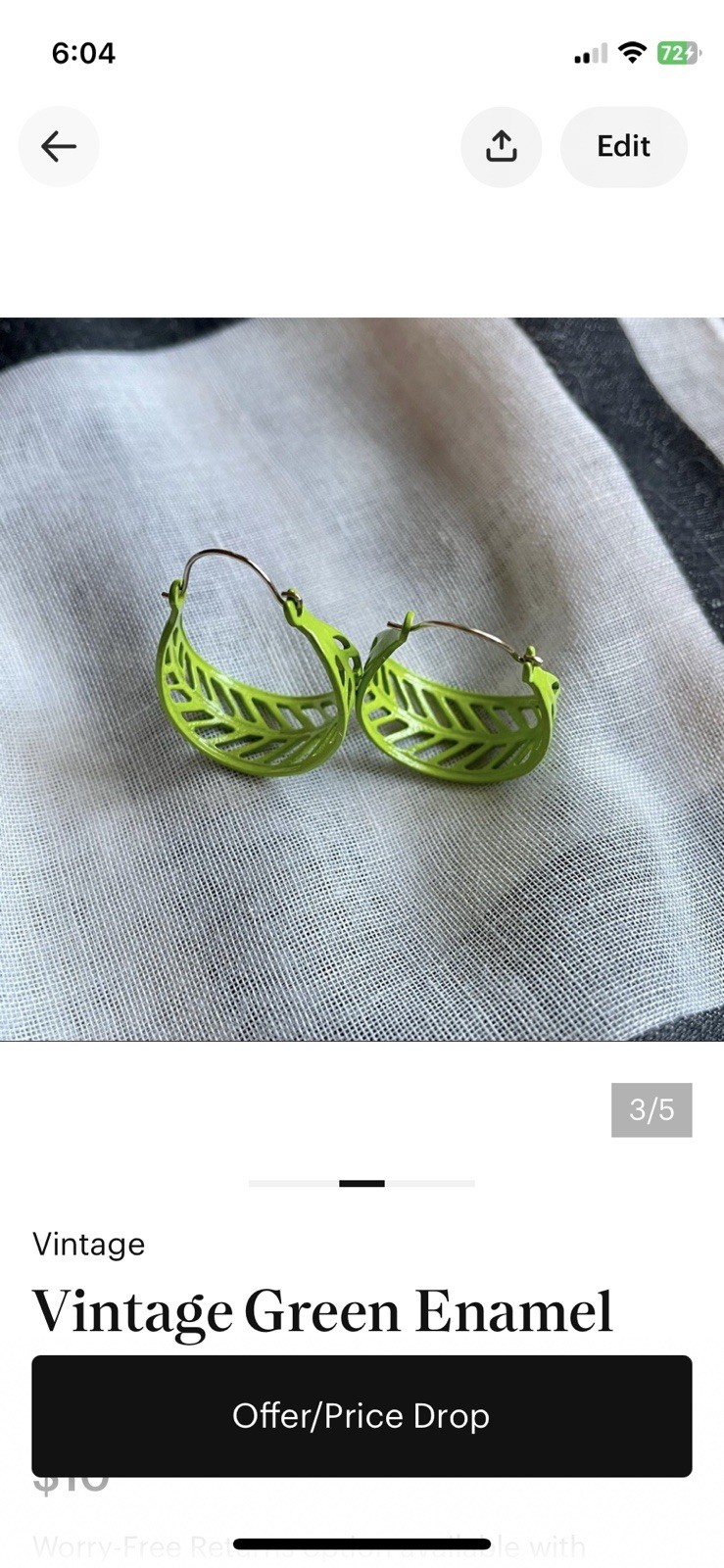 Vintage Bright Lime Green Enamel Cut Out Hoop Earrings