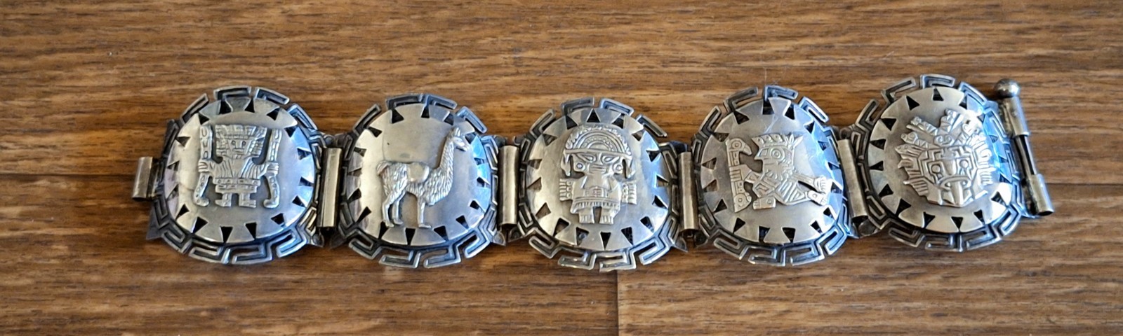 Vintage Estate Peru Sterling Silver Bracelet W/Mayan/Inca Panels! 7.25″ L! 44G!!
