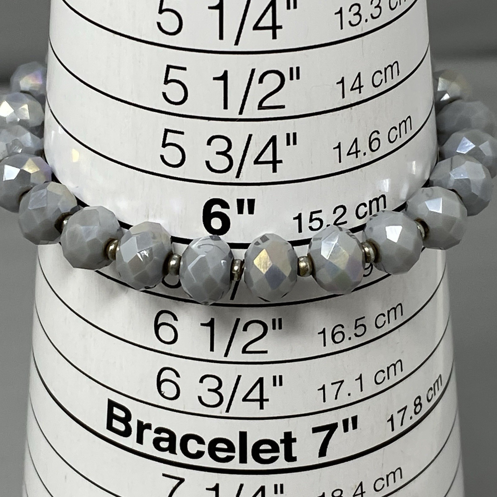 Gray Glass Beaded Bracelet Fire Polished Faceted Iridescent Coated Stretch 6″