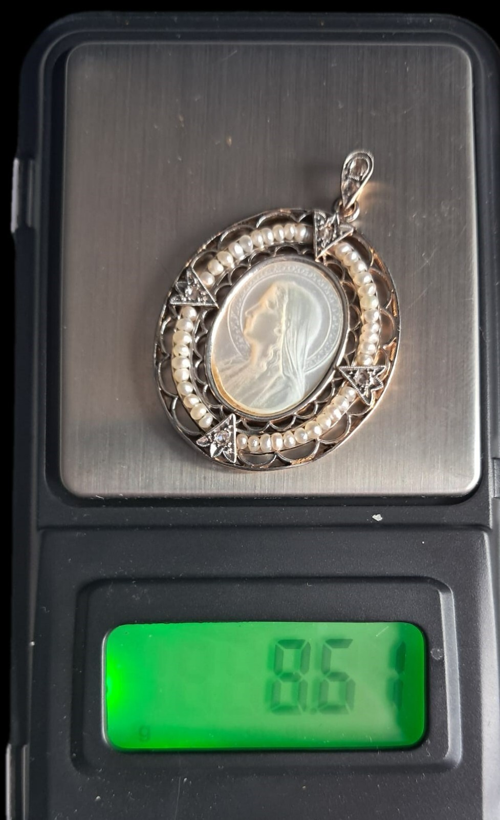 Fine Antique Art Nouveau 18K Gold Mother of Pearl Virgin Mary Pendant Ca 1900