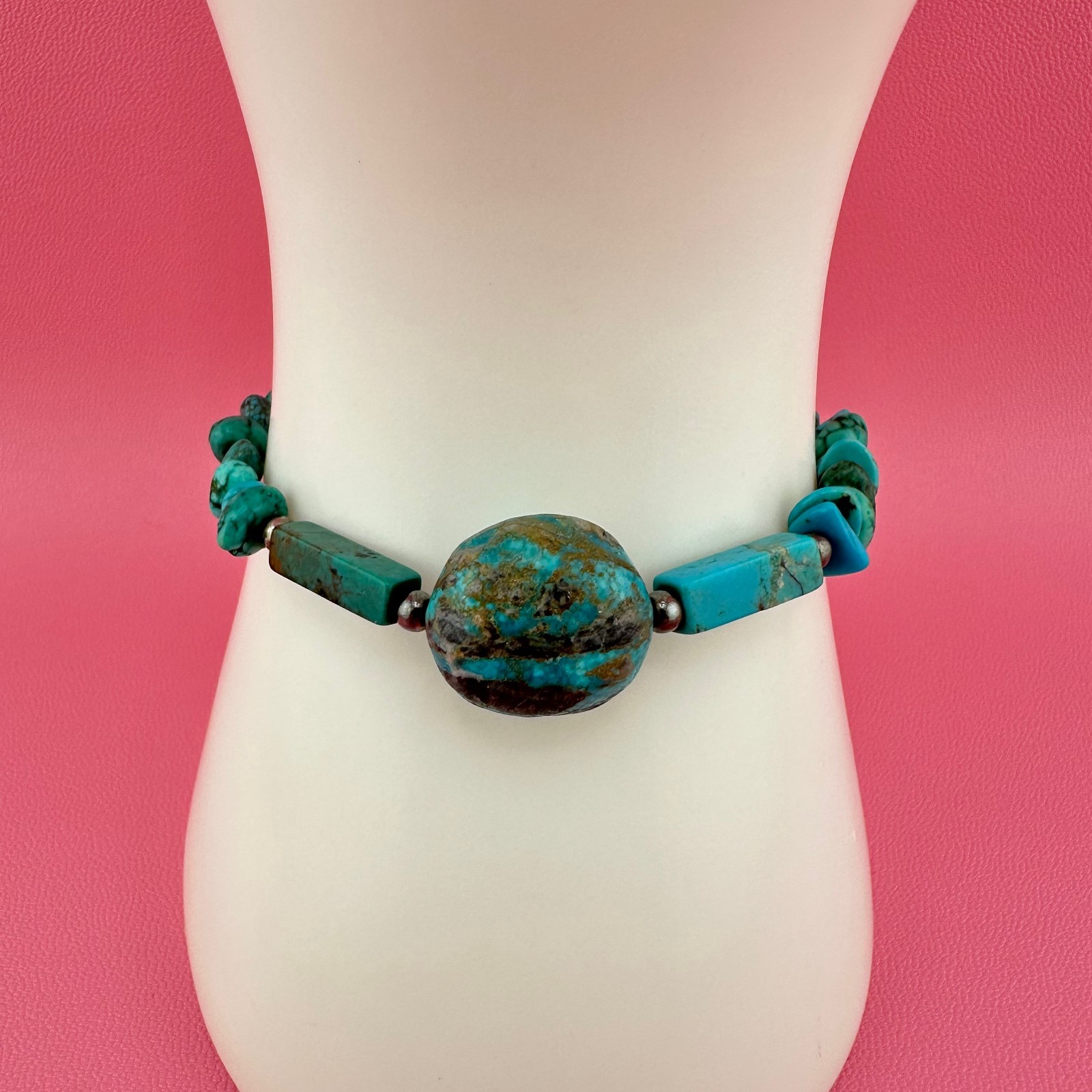 Vintage Turquoise Bead Sterling Silver Bracelet Blue Green South Western 6.25″