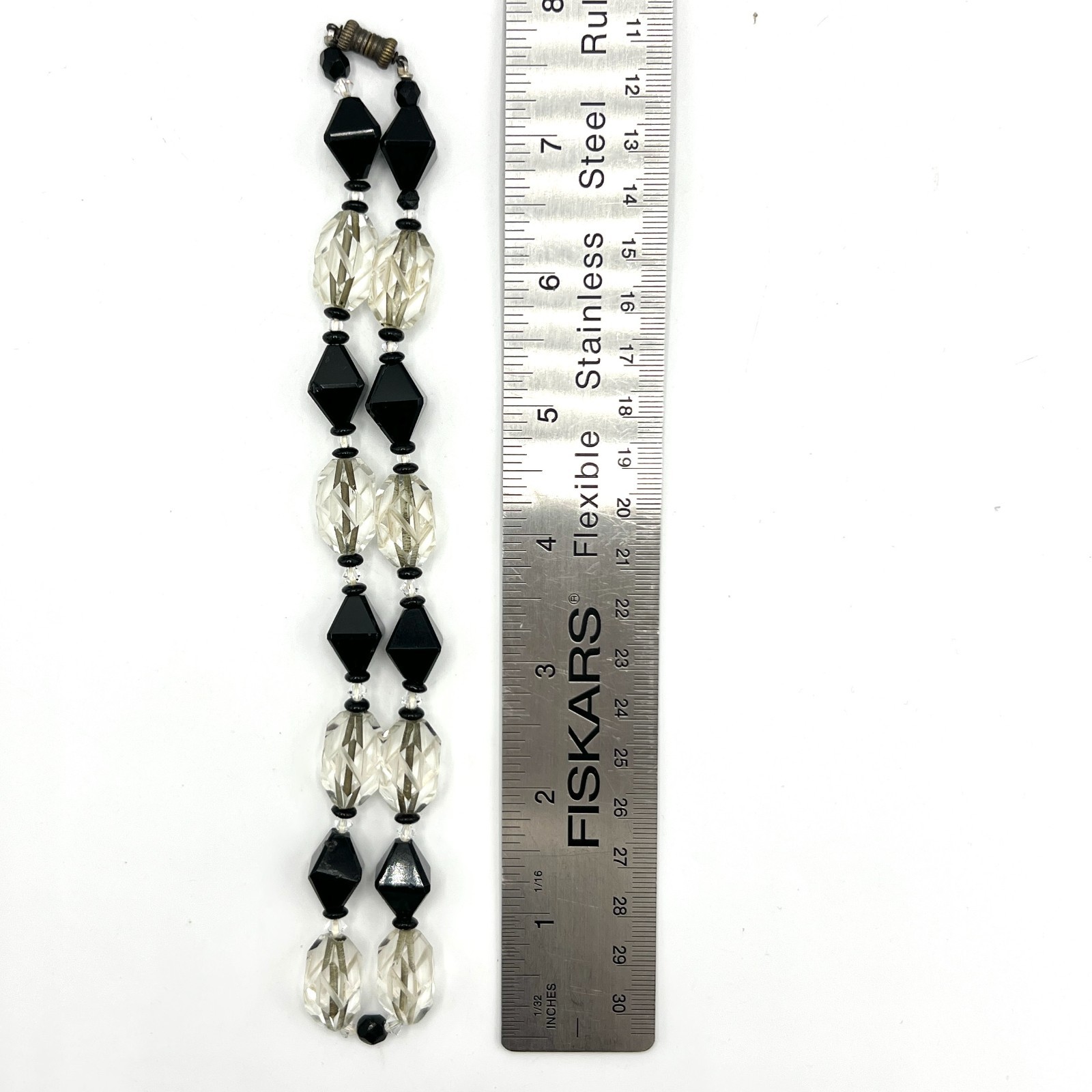 1920s Black & Clear Beveled Glass Bead Necklace Vintage Beads Later Assembled