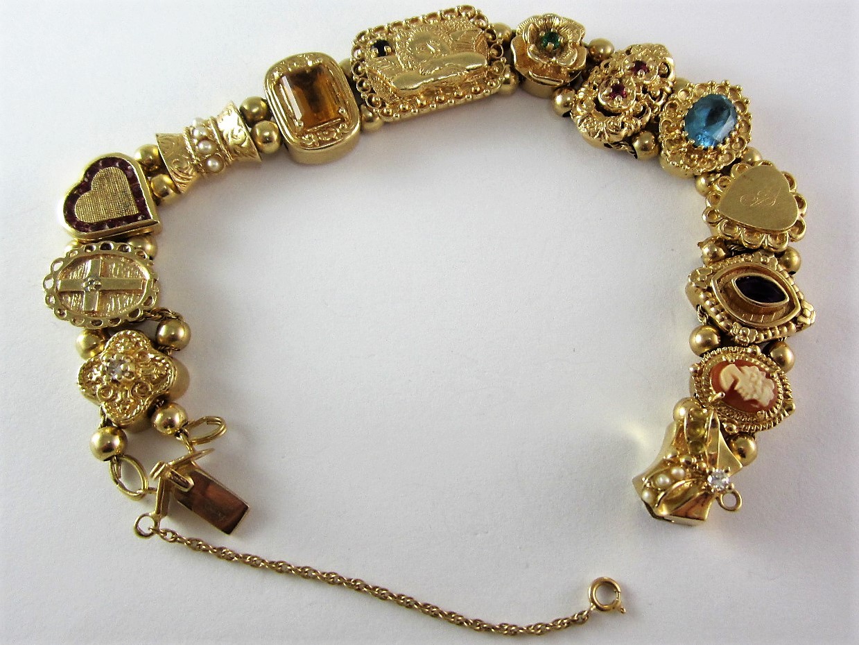 14K RICHARD KLEIN KLJCI GEMSTONE 13-SLIDE CHARM BRACELET 43.1G