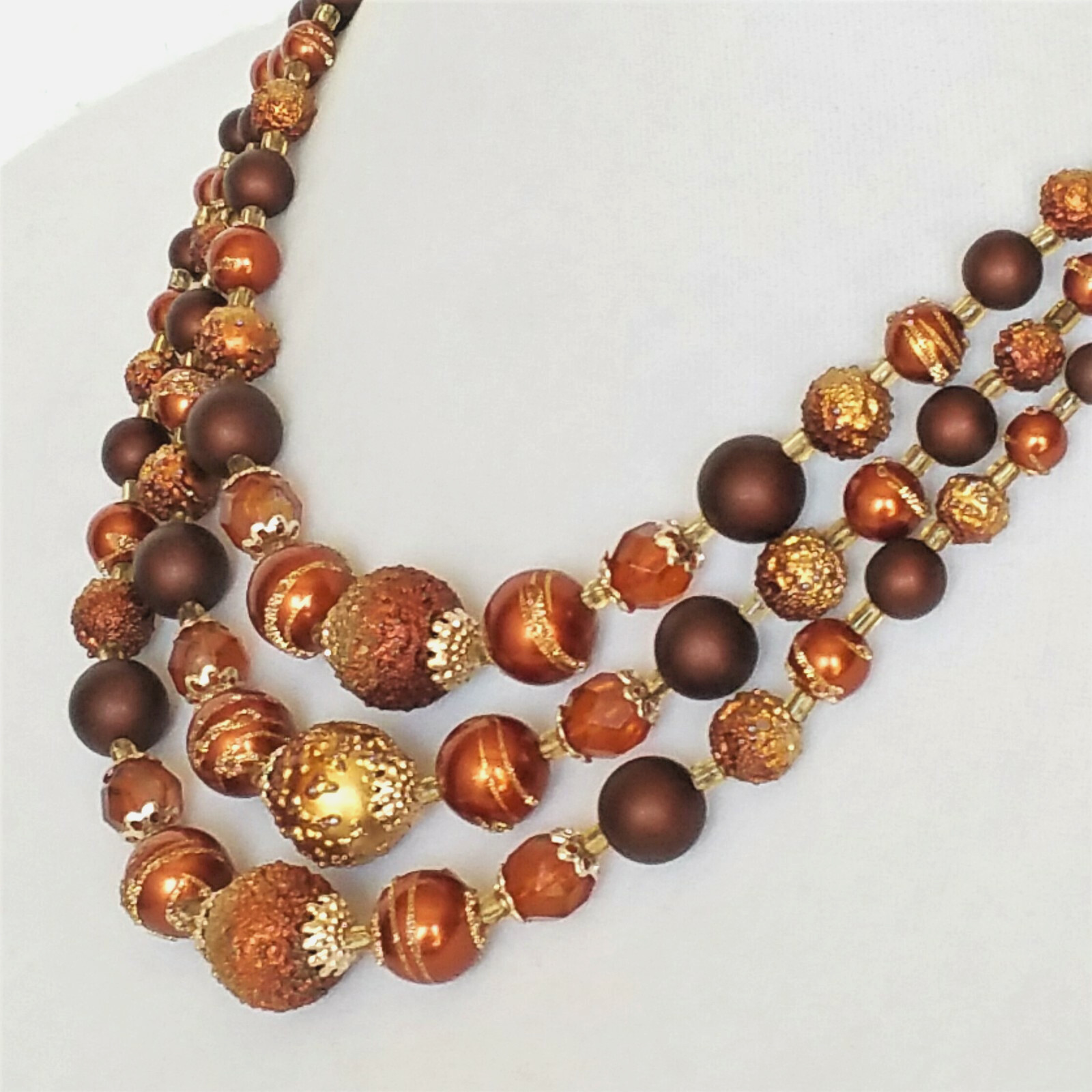 Vintage Womens Necklace Bronze Copper Gold Tone Beads Art Deco 3 Strands