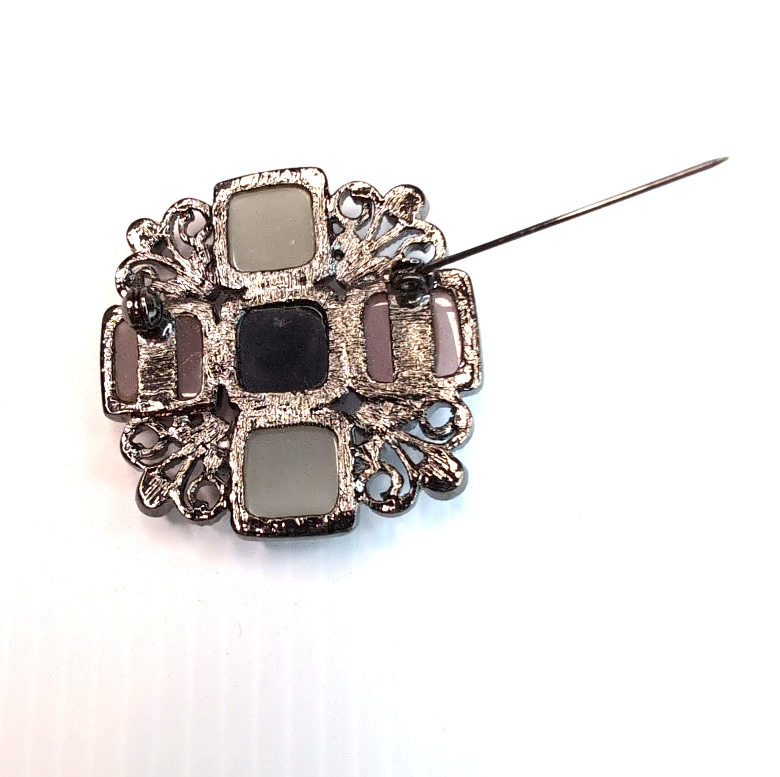 Vintage Geometric Square Brooch Black Pink Gunmetal Silver Tone Openwork Gothic