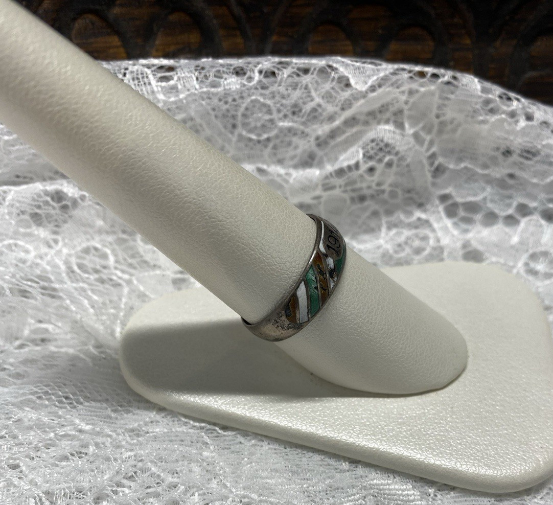 Vintage WWI 1914/15 Sterling Silver Ring Size 8.5 Enamel Green White Brown Black