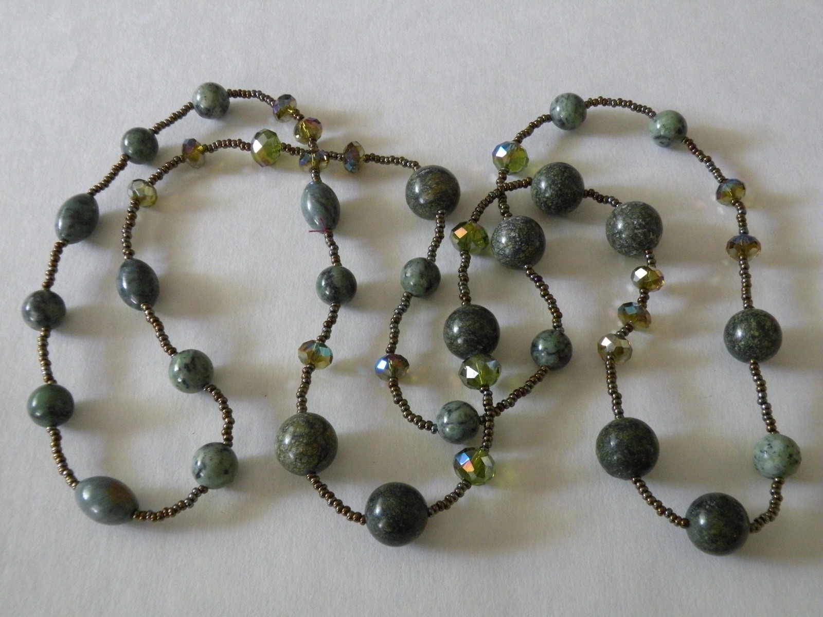Marbled Green Nephrite Jade? Polished Gemstones Faceted AB Crystal Necklace 42″