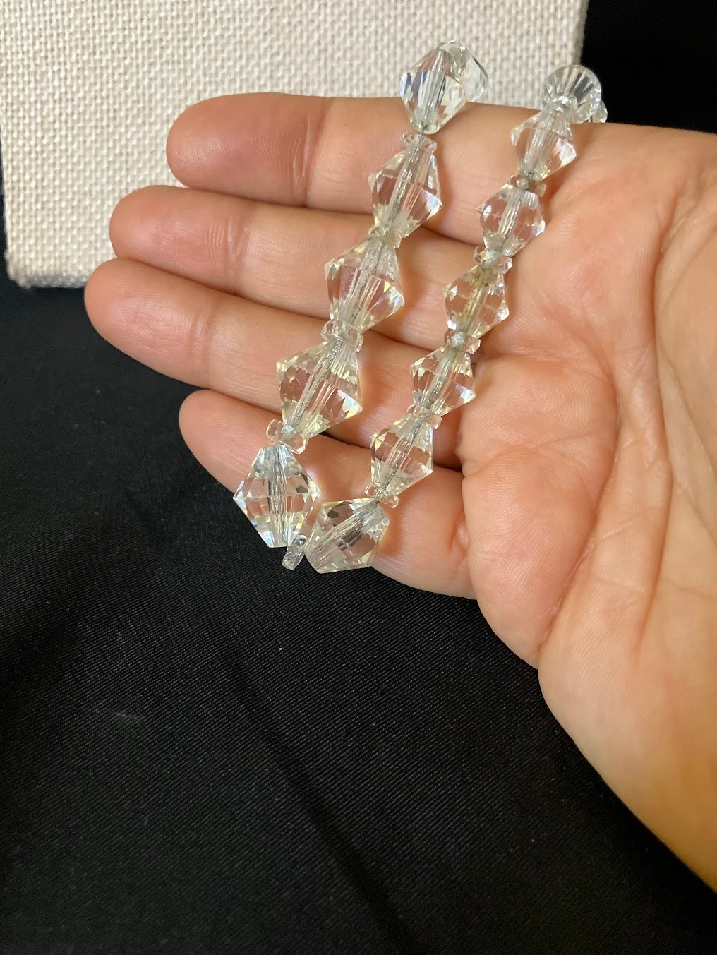 Vintage Art Deco Faceted Crystal Necklace Silver Chain Faceted Bi-cone Beads 16″