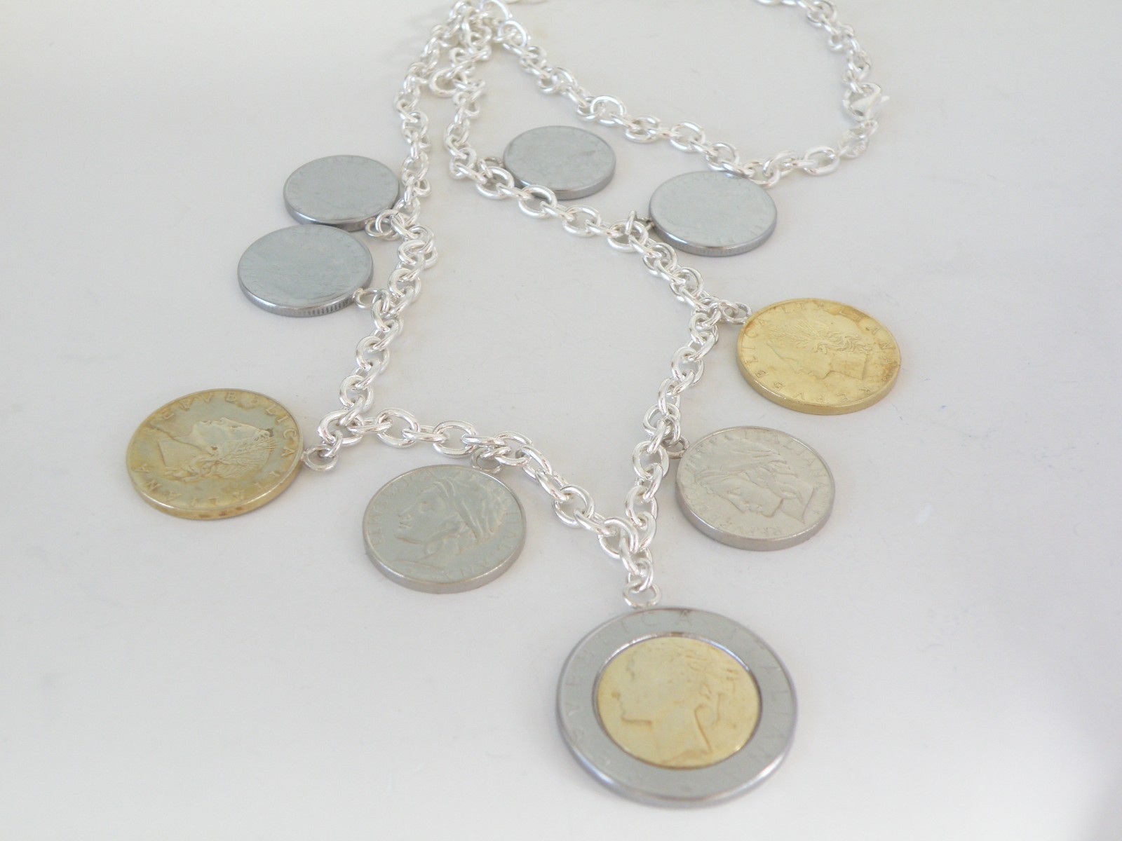 Milor Italy Sterling Silver 925 Italian Coin Charm Rolo Link Heavy Necklace 20″