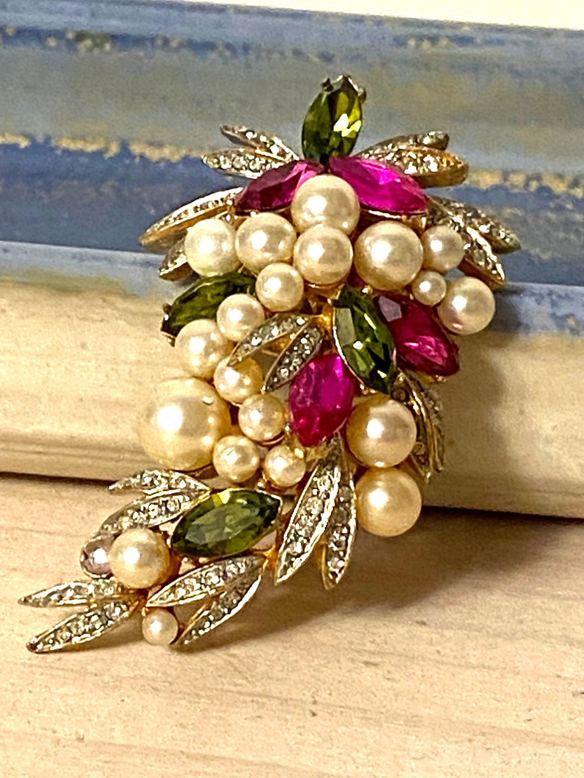 Vintage Brooch Pin, R. Mandle, Faux Pearls, Dark pink & green rhinestones
