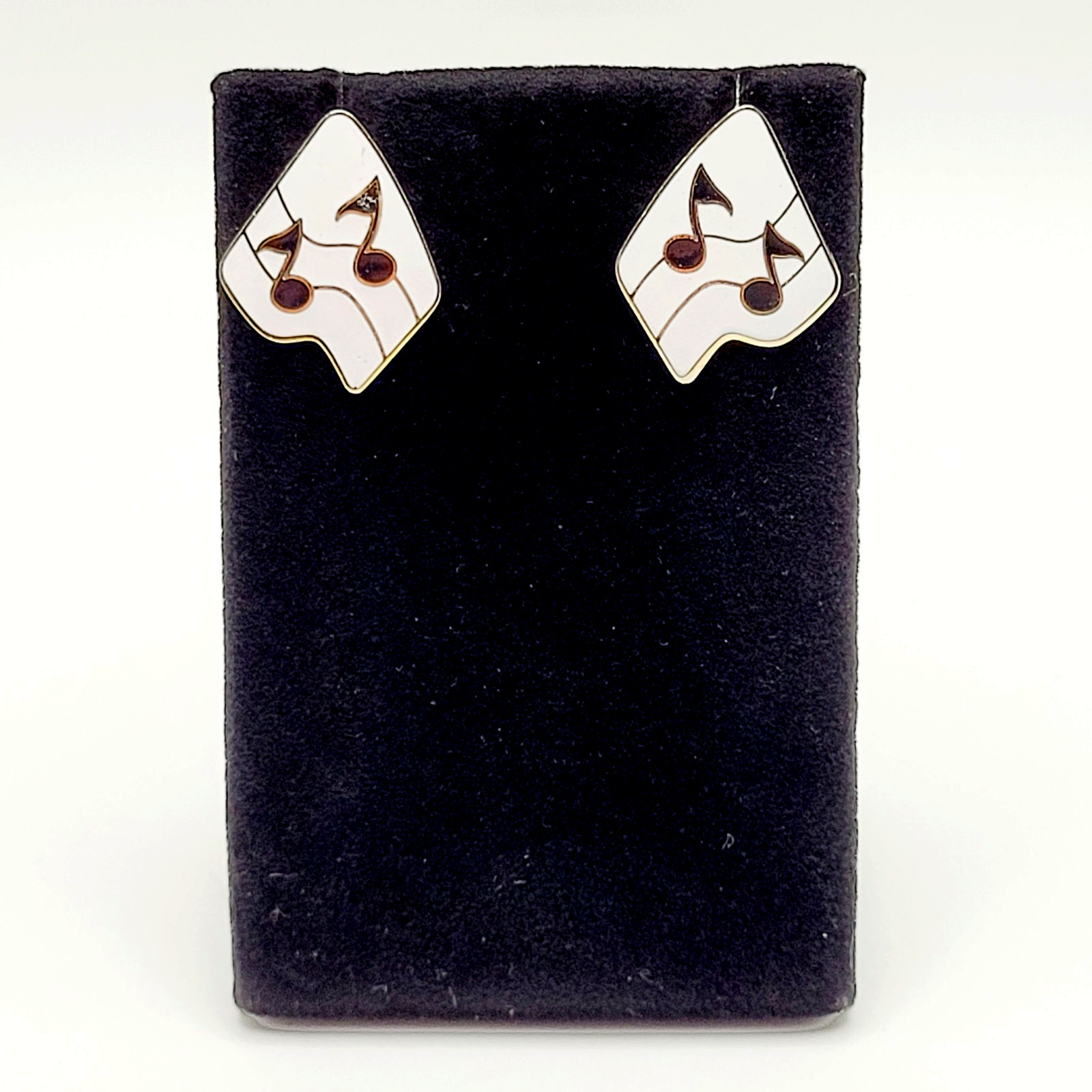 Musical Note White Black Enamel Gold Tone Pierced Stud Vtg Earrings Discovery