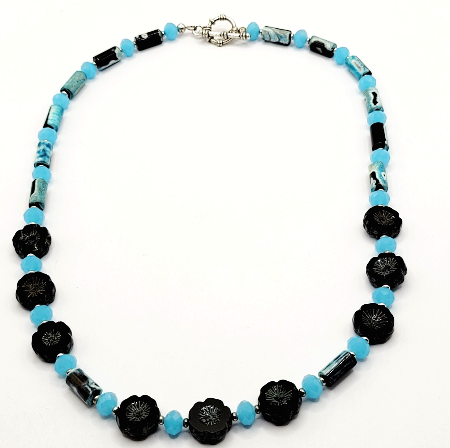 Black Glass Rosette with Chalcedony and Colorful Agate Silver Tone Vtg Necklace