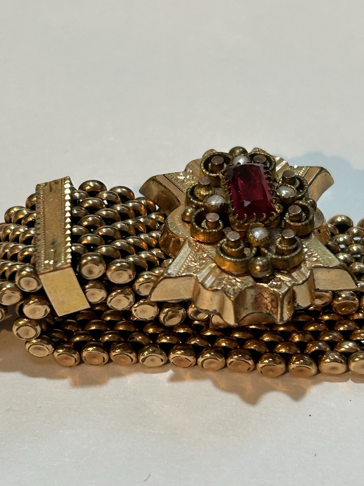 Victorian Gold Filled Slide Bracelet Red Stone Seed Pearls Tassels