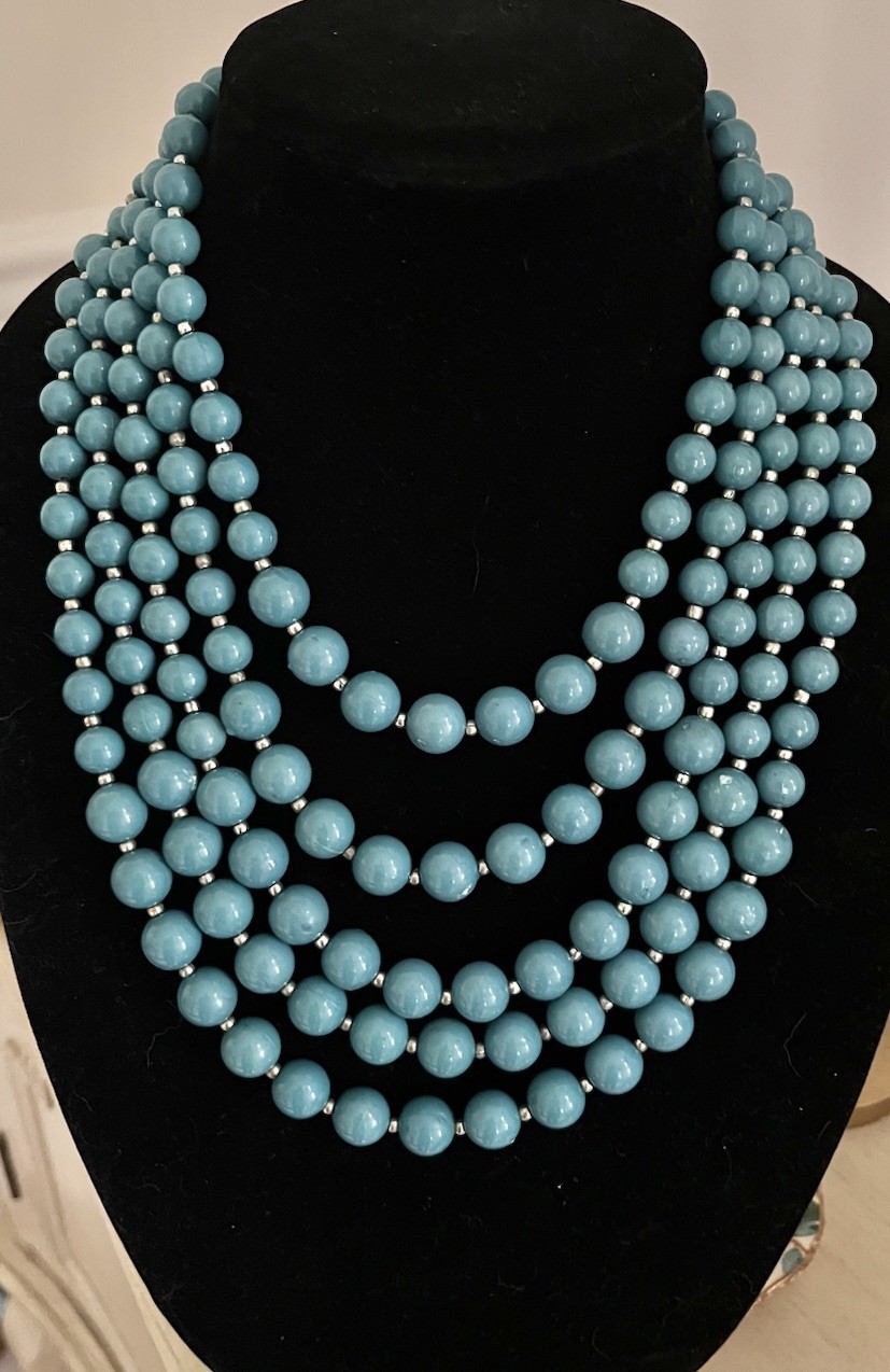 Vintage Turquoise Teal Blue Multi 5 Layered Beaded Silver Graduated Bib Necklace
