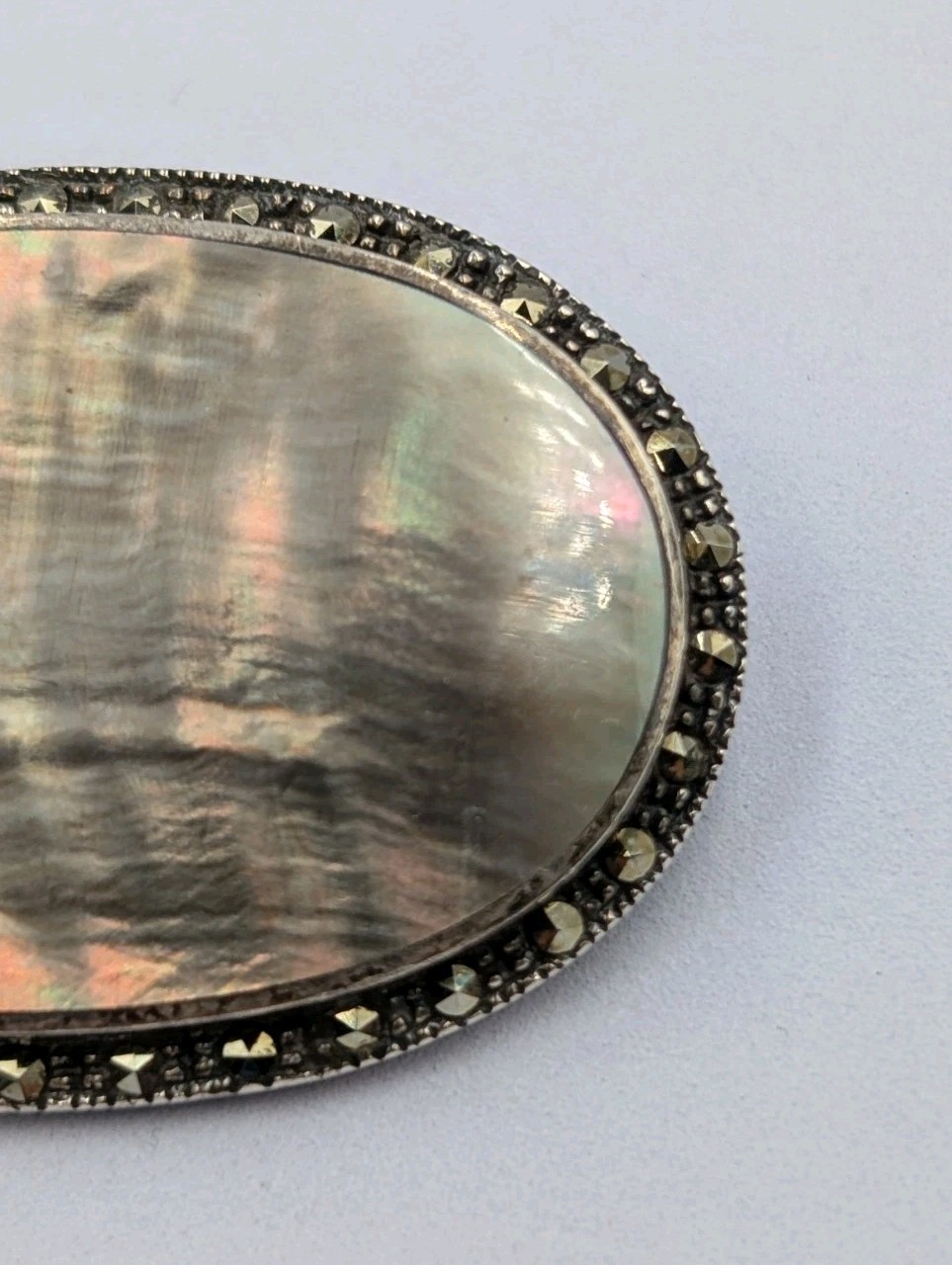 MYG Vintage Sterling Silver Oval Abalone Shell & Marcasite Stone 925 Pin Brooch