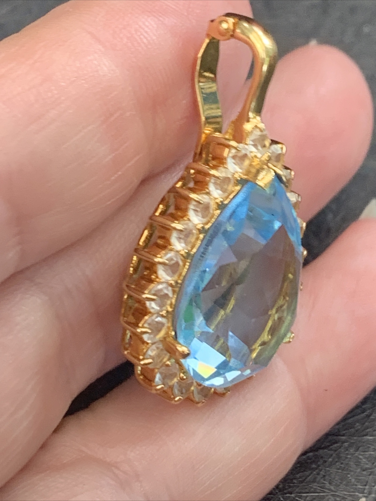 Vintage Quality large Faux blue topaz Clear stone Necklace Enhancer 1”
