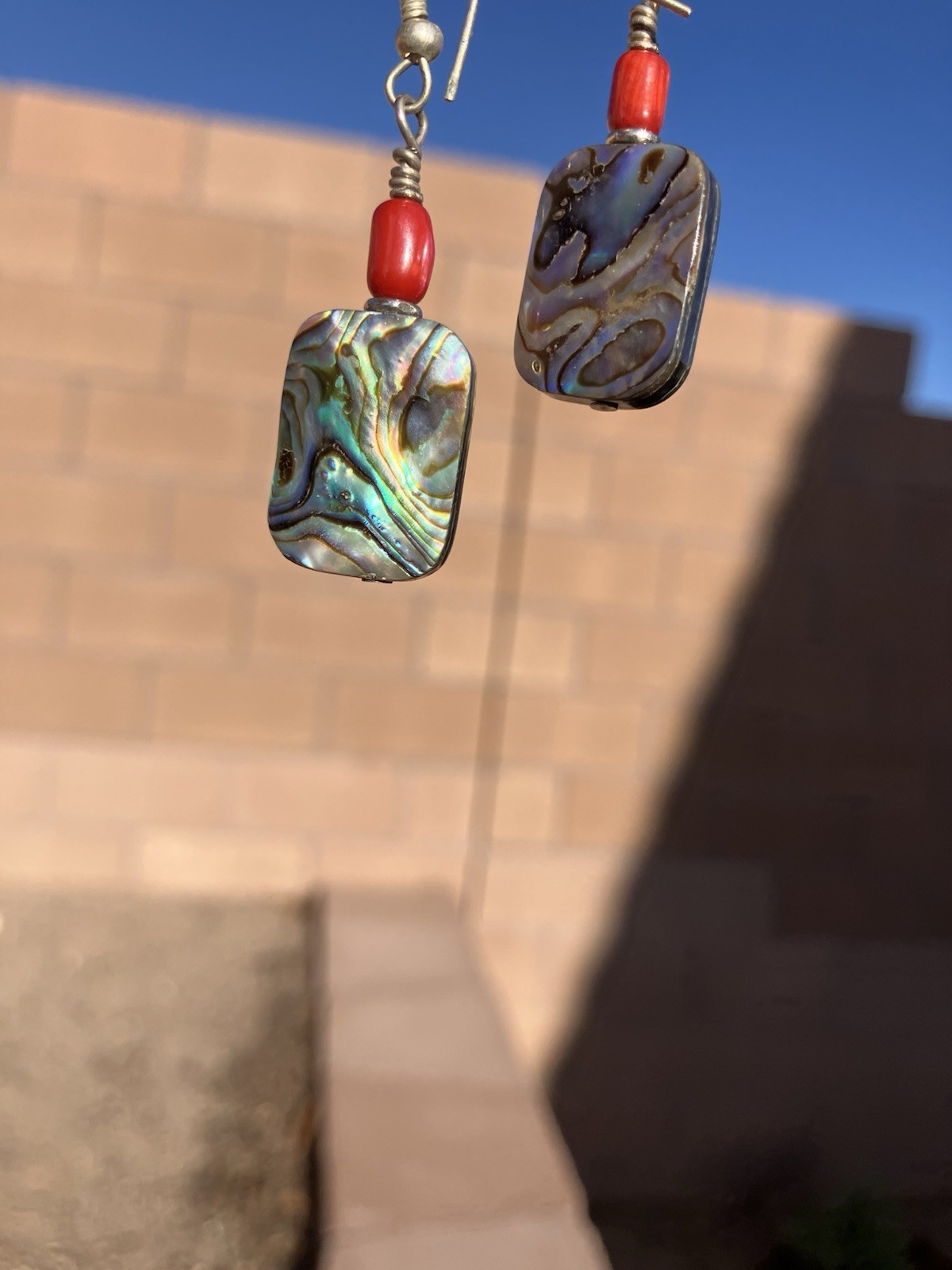 VTG Abalone Shell Earrings Rectangle Paua Shell Red Bead Fish Hook Dangle