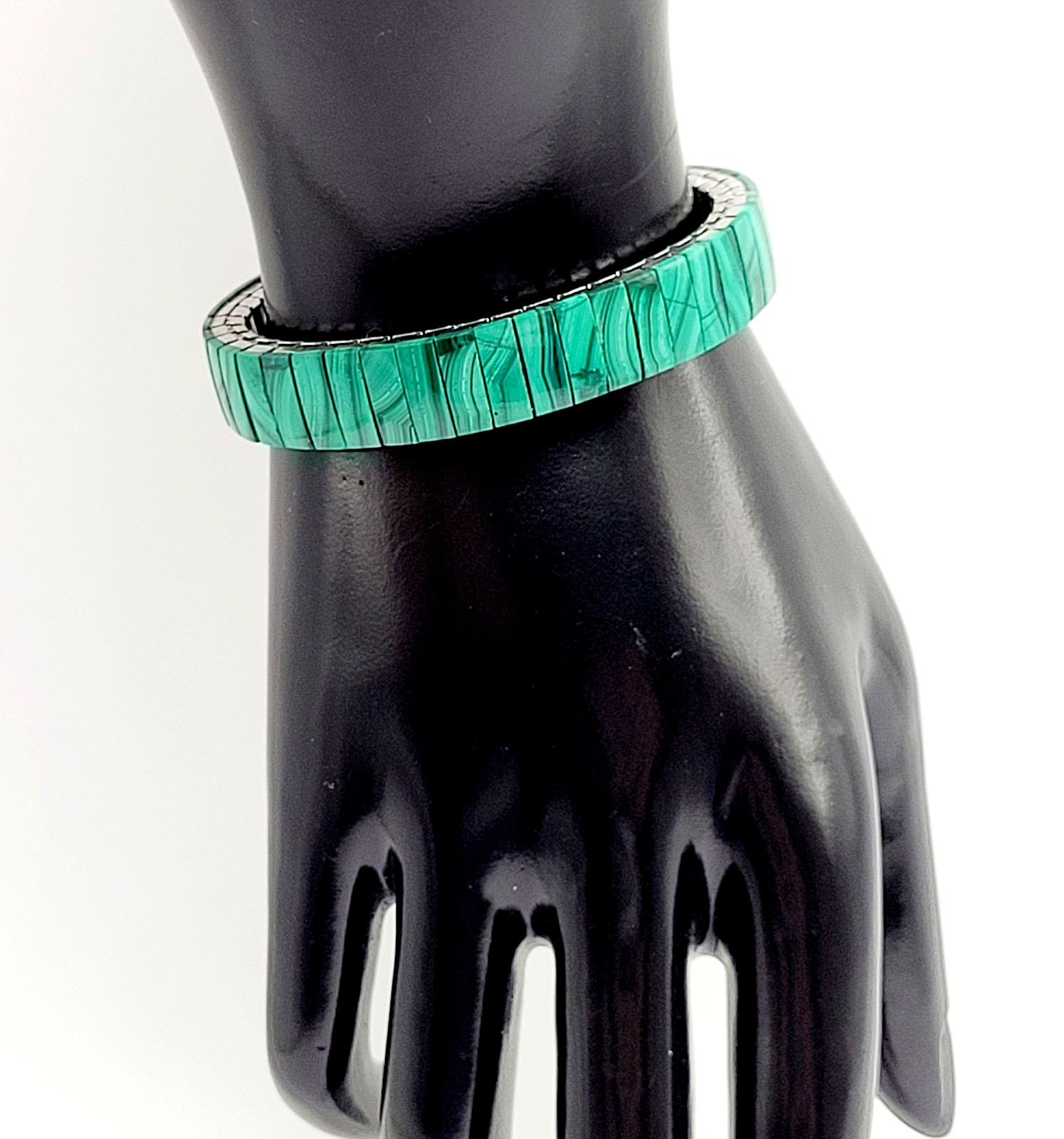 Malachite Stone Green Veneer Panel Stainless Steel Expanding Vintage Bracelet