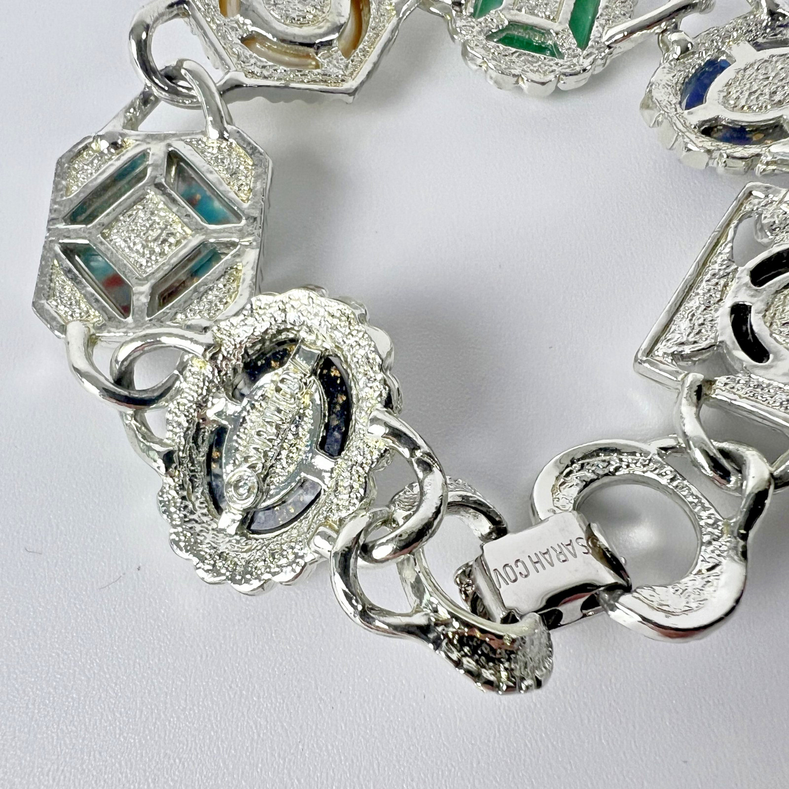 Sarah Coventry Multi Stone Bracelet Silver Tone Faux Pearl Cabochon Vintage