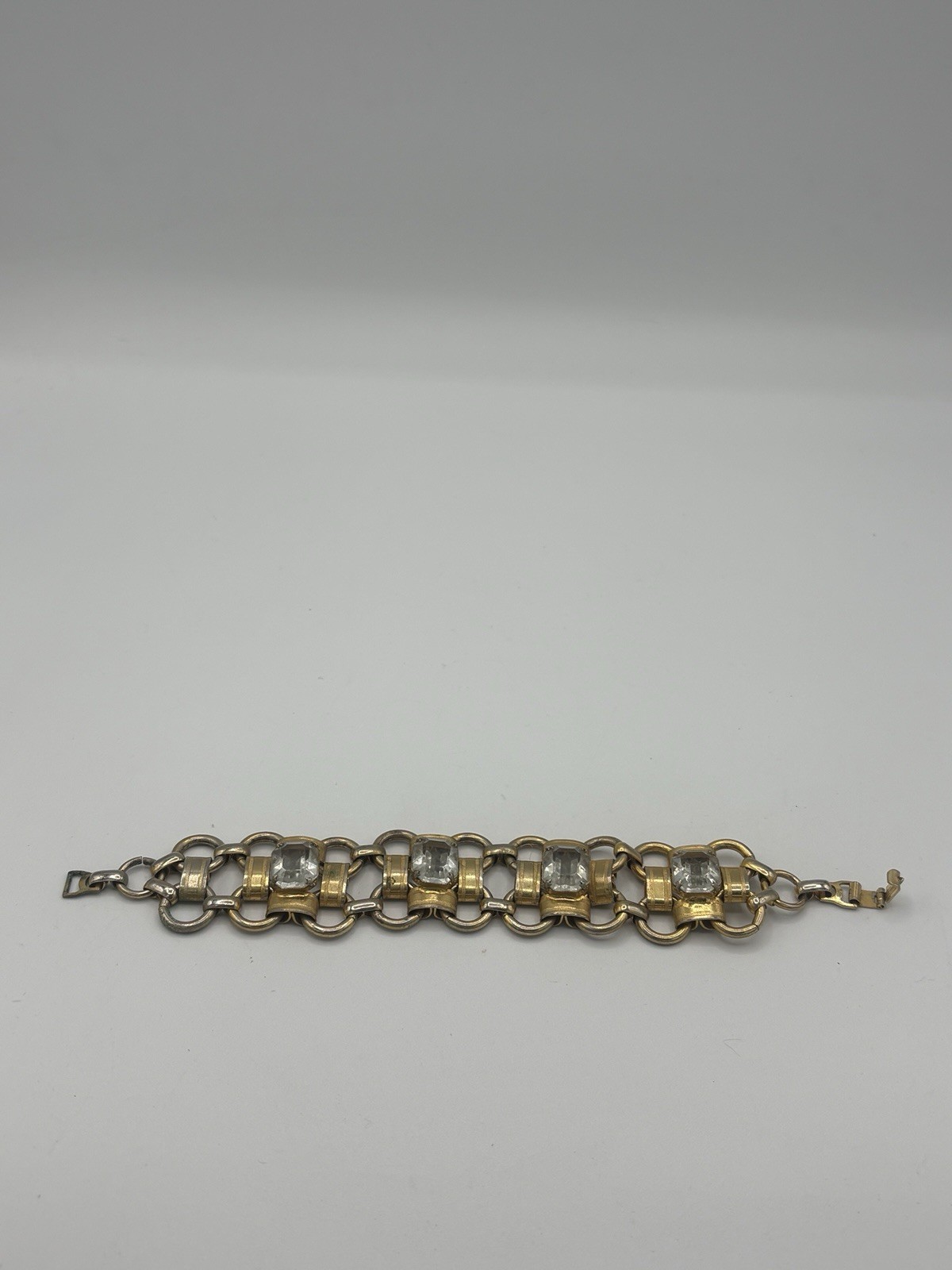 Vtg Two Tone Panel Link Bracelet Emerald Cut Clear Rhinestone Crystal 7.25″ 1510