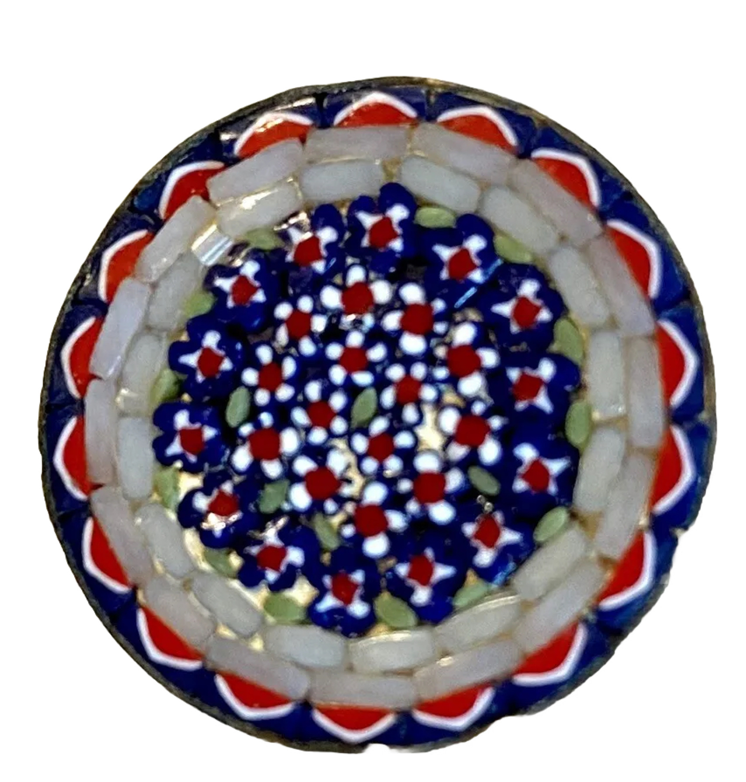 Vtg Micro Mosaic Tile Brooch Round Red White And Blue About 1” Diameter