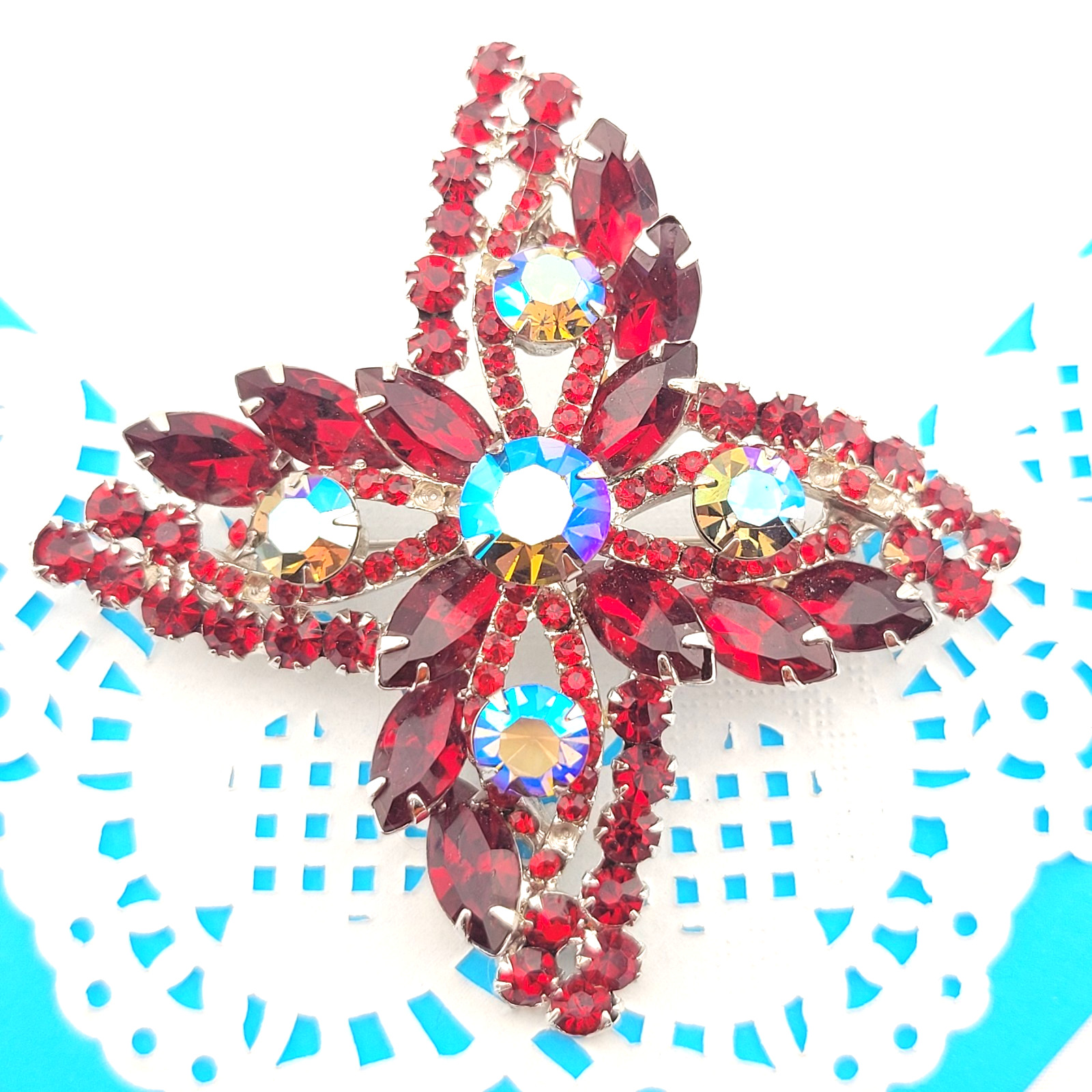 Repair Vintage Deliza & Elster Juliana Ruby AB Red Cross Statement 3″ Brooch