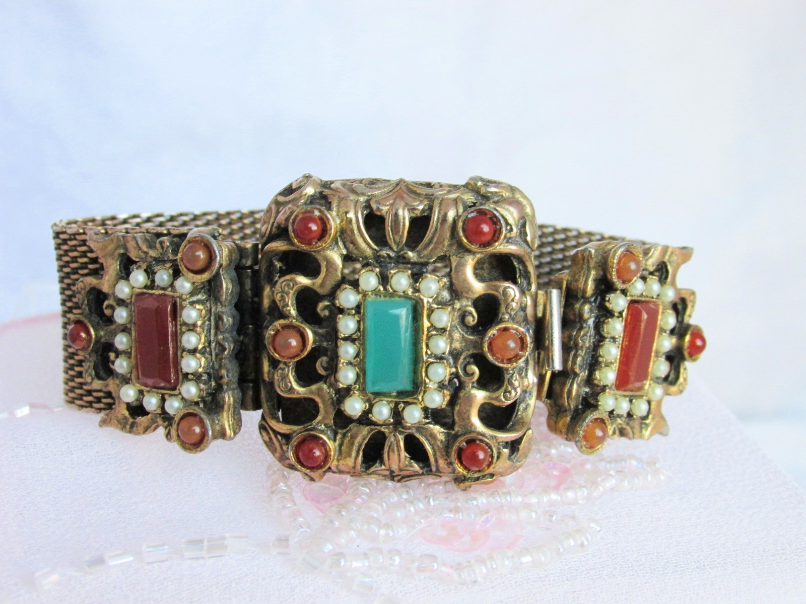Antiqu Victorian Brass Mesh Faux Emerald Faux Carnelian Bracelet Intricate Clasp