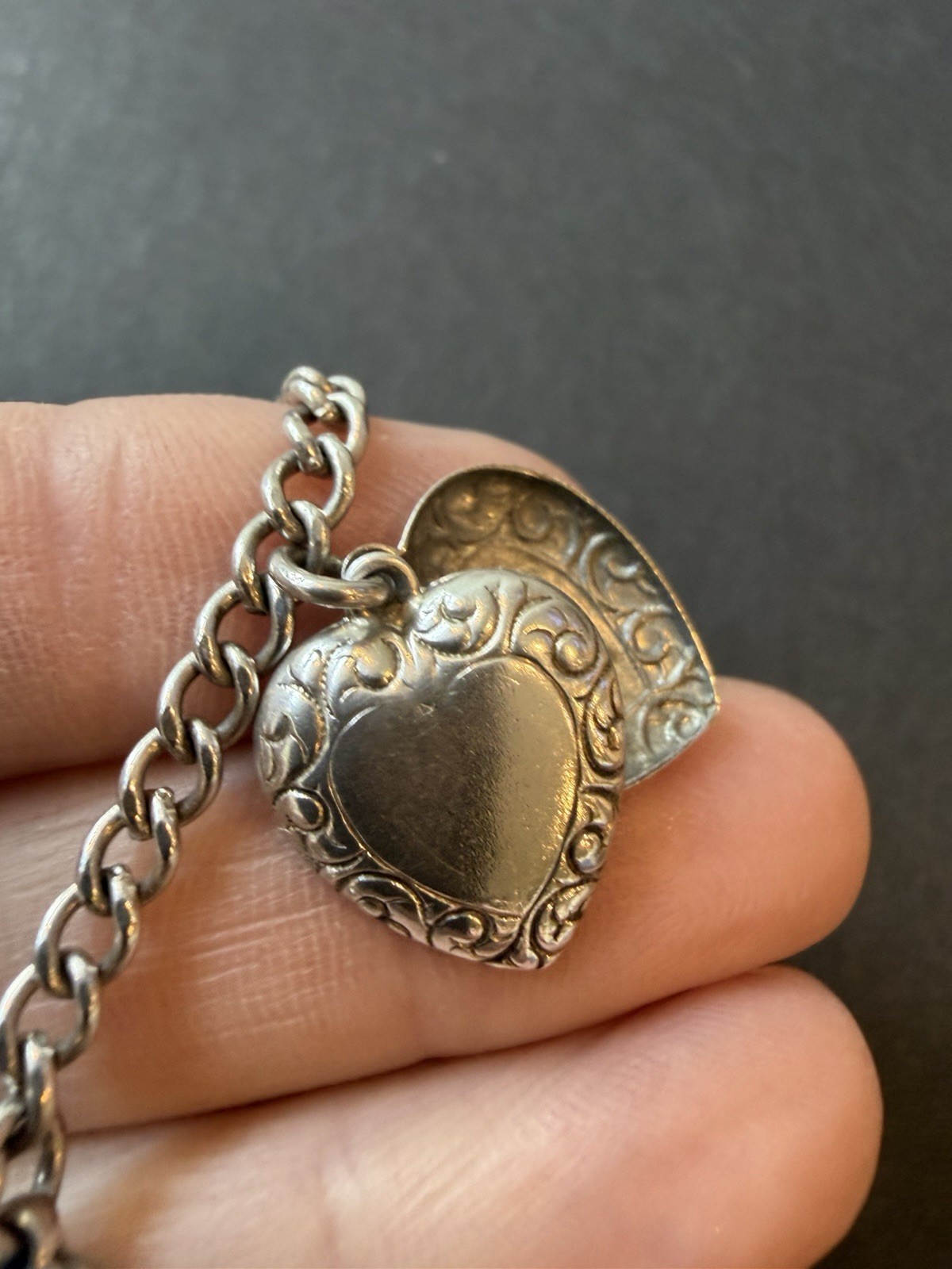 Antique Victorian Sterling Charm Bracelet W/ Puffy Hearts Cloisonné