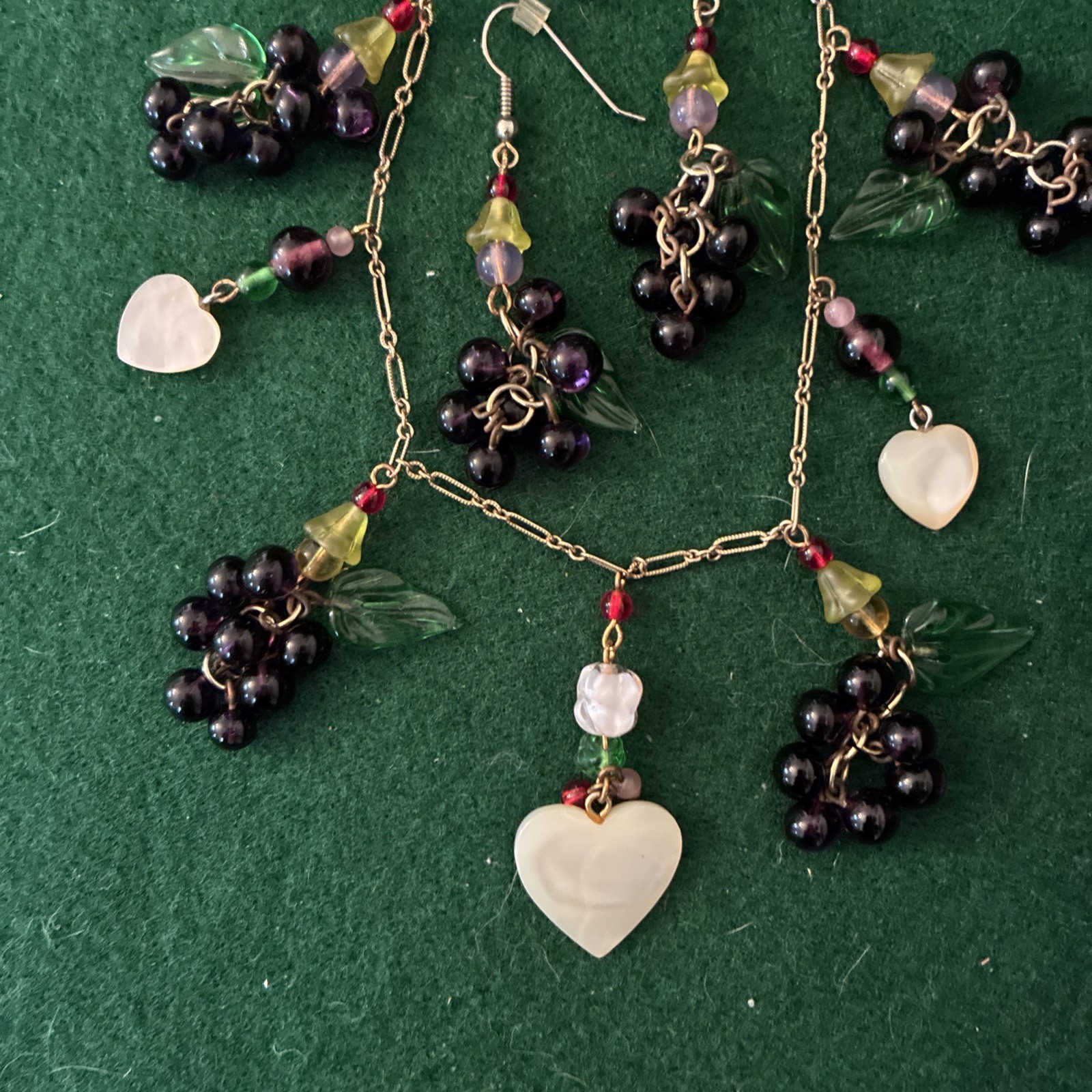 Vintage Hand Crafted Amazing Heart & Grape Cluster Dangle Necklace & Earrings