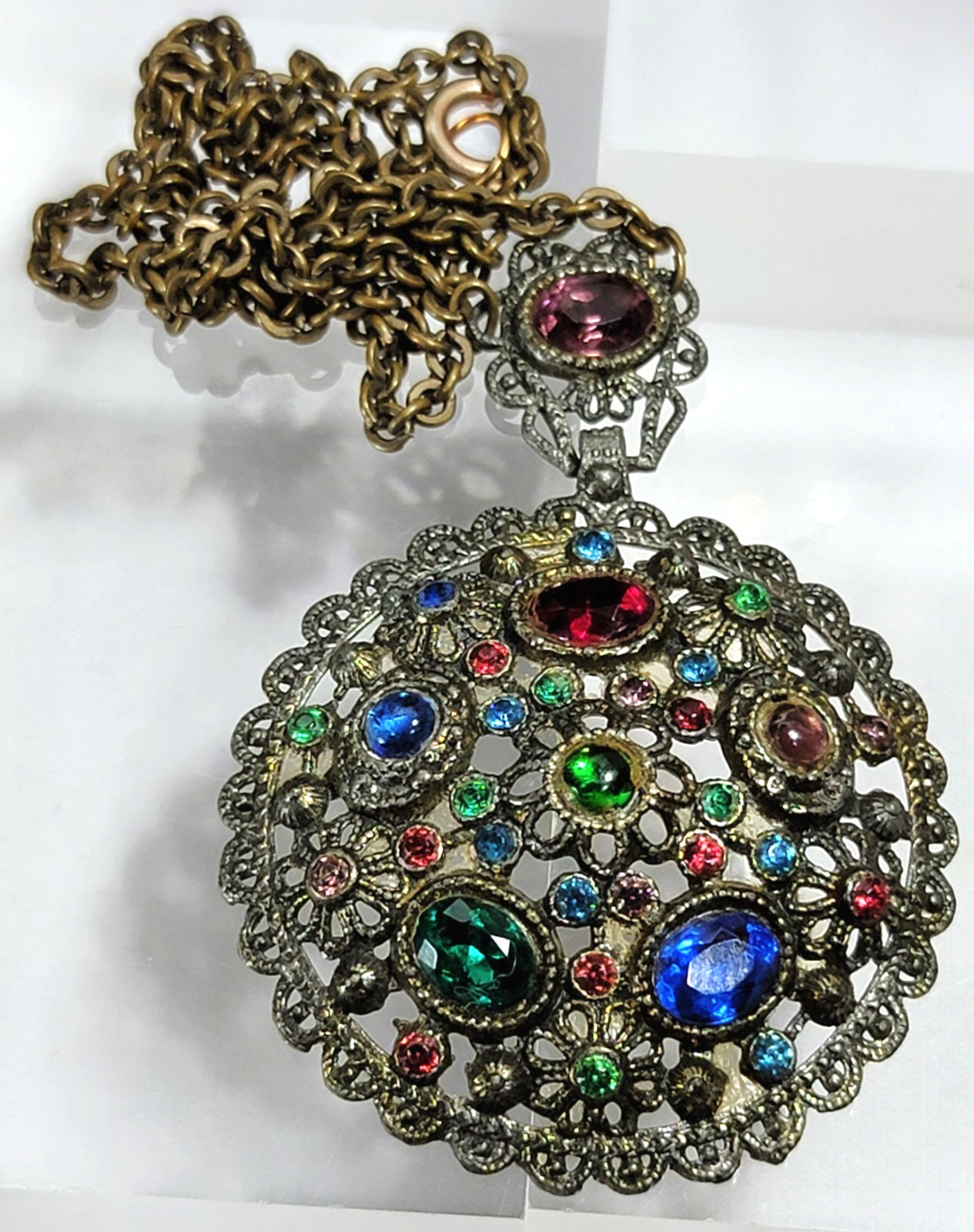 Vintage New England Glass Works Rhinestone Medallion Necklace 18″