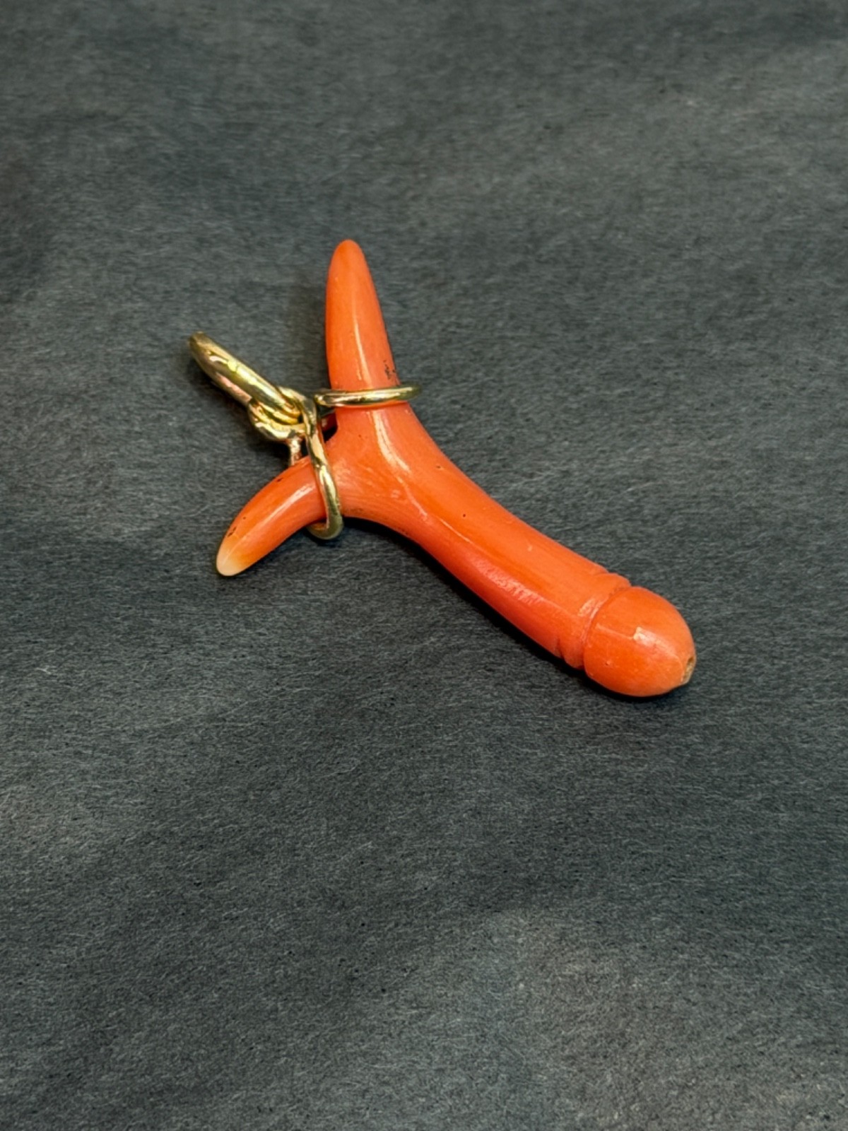 19c. Victorian 14k Gold Red Undyed Coral Phallus Fertility Amulet Fob Pendant