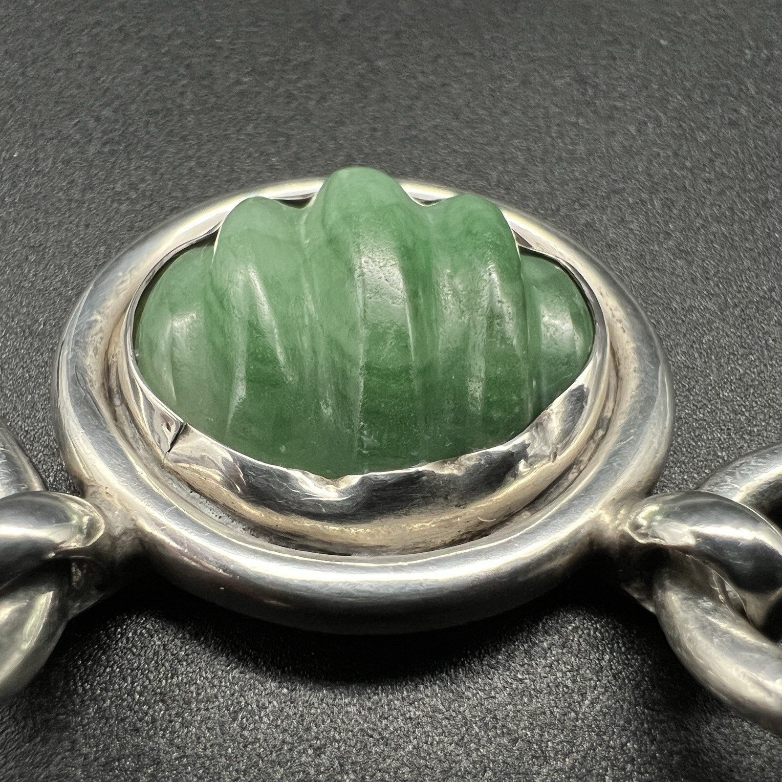 Vintage Carved Green Jade Modernist Sterling Silver Choker Collar Necklace 44g