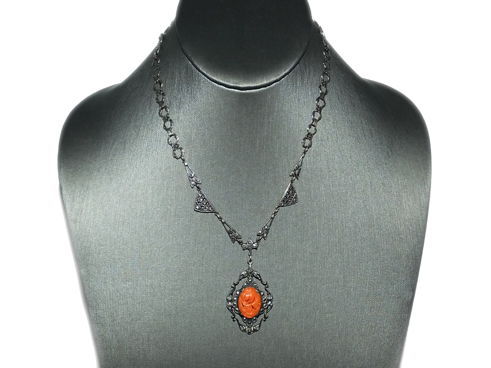 Antique Edwardian Art Deco Floral Carved Faux Coral Marcasite Sterling Necklace
