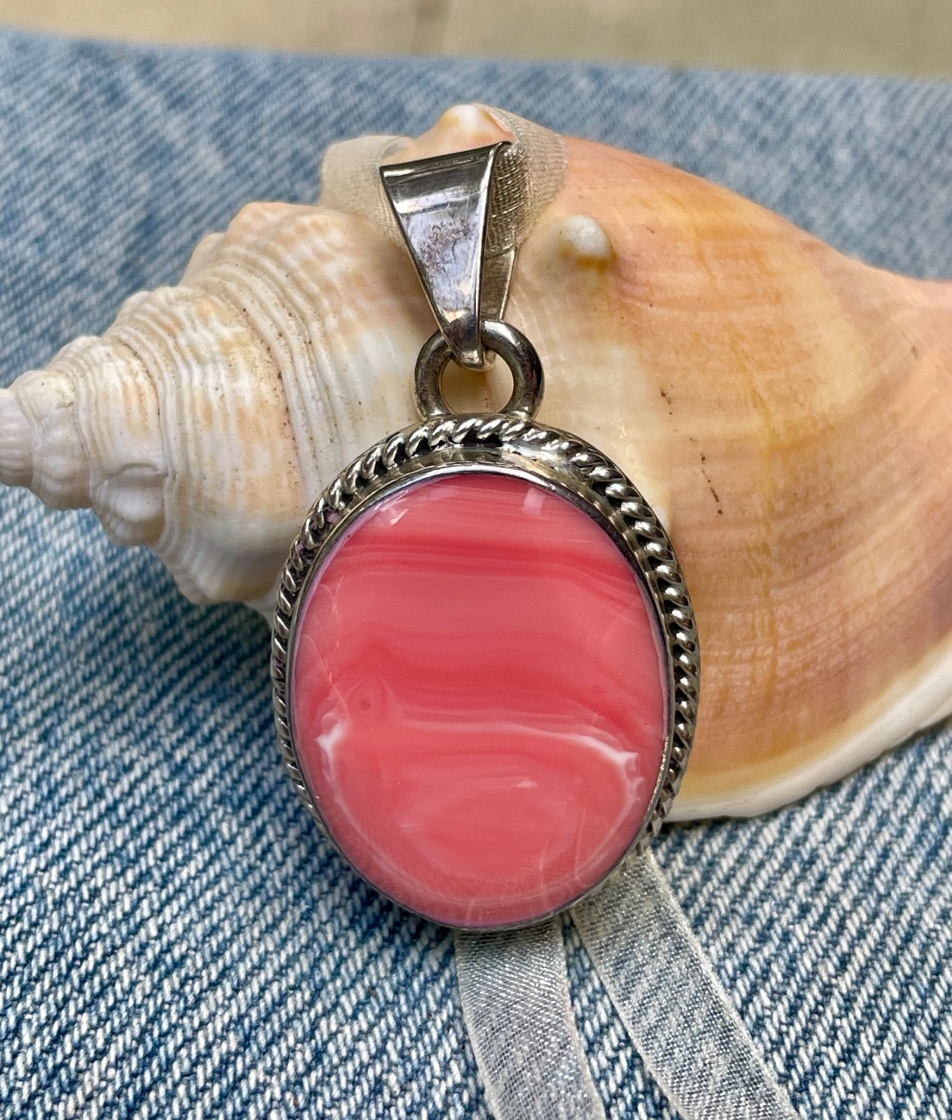 🎥 2″ Beach Peach Pink Spiny Oyster Sterling Silver Mexico Pendant Orange Vtg