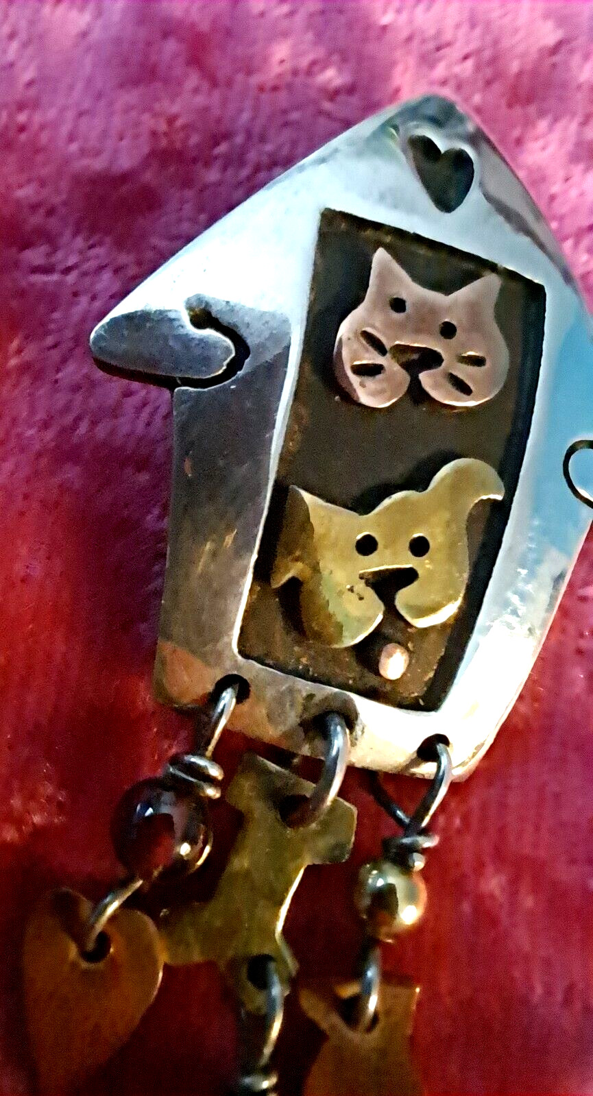 Vtg Far Fetched Dog Cat in A House Pin Sterling Silver Mixed Metals 3-D Mexico