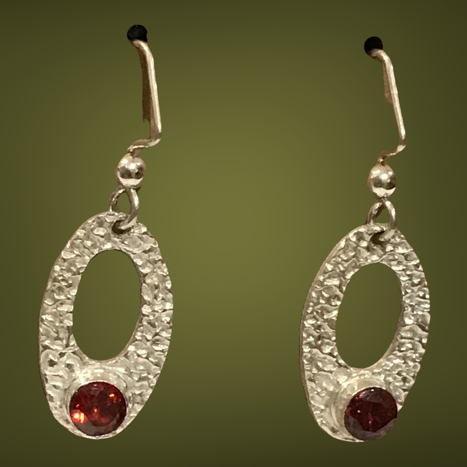 sterling silvet hammered red crystal dangle earrings Not Signed But Tested