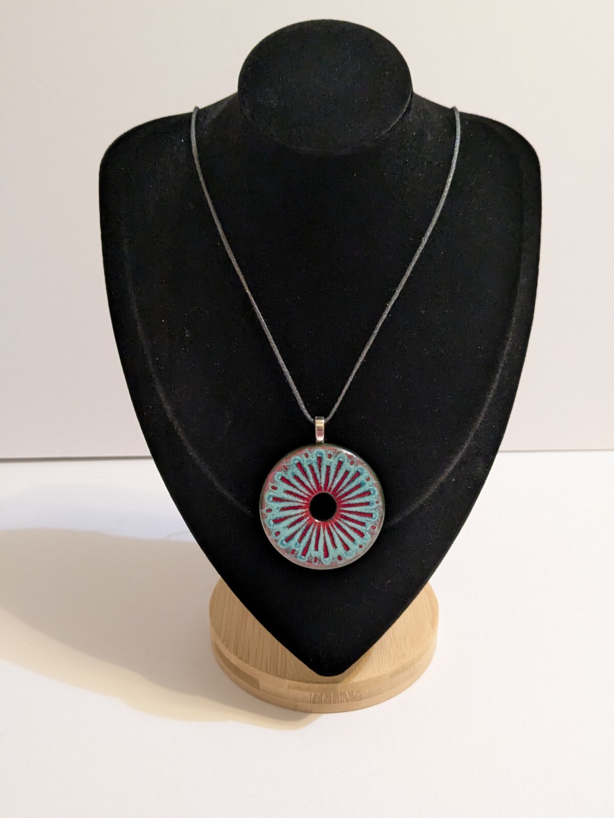 Round Multicolor Resin Pendant And Black Cord Necklace. FLAWED Cord.