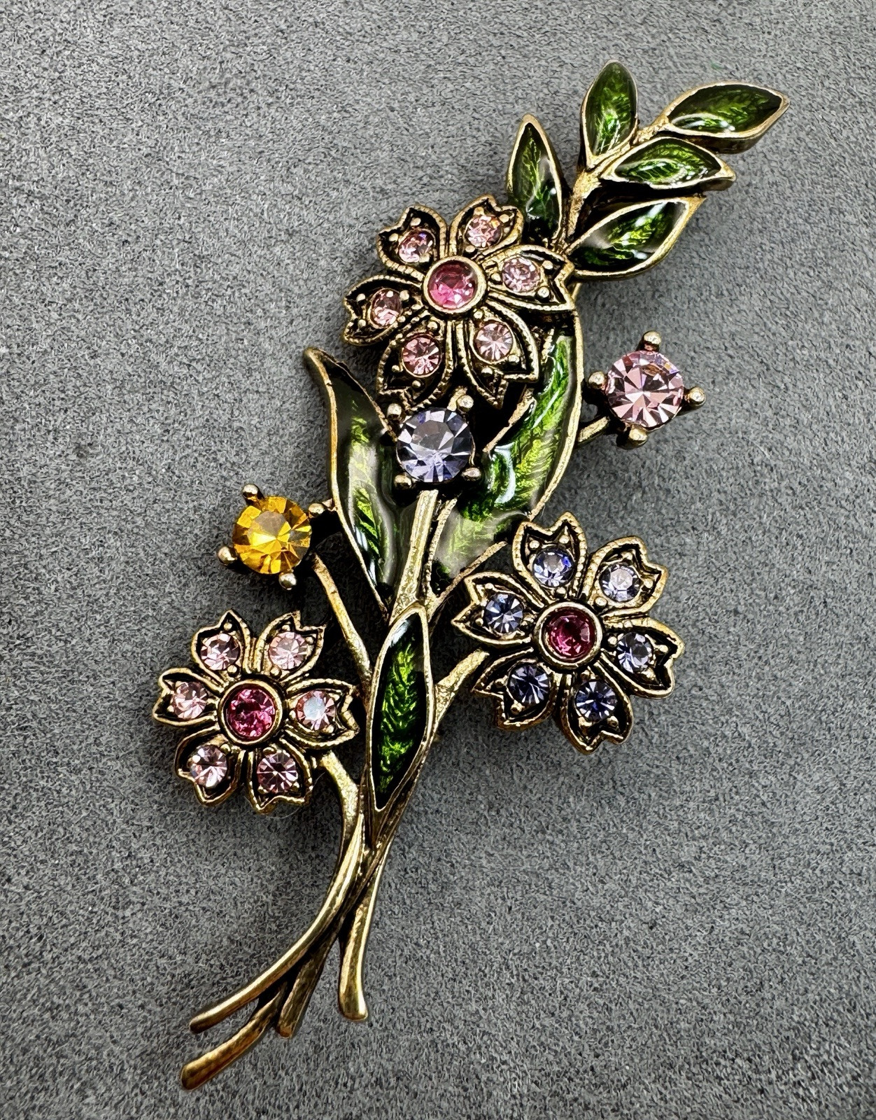 Jeweled Flower Bouquet Brooch Purple Pink Rhinestone Enamel Metal Beautiful
