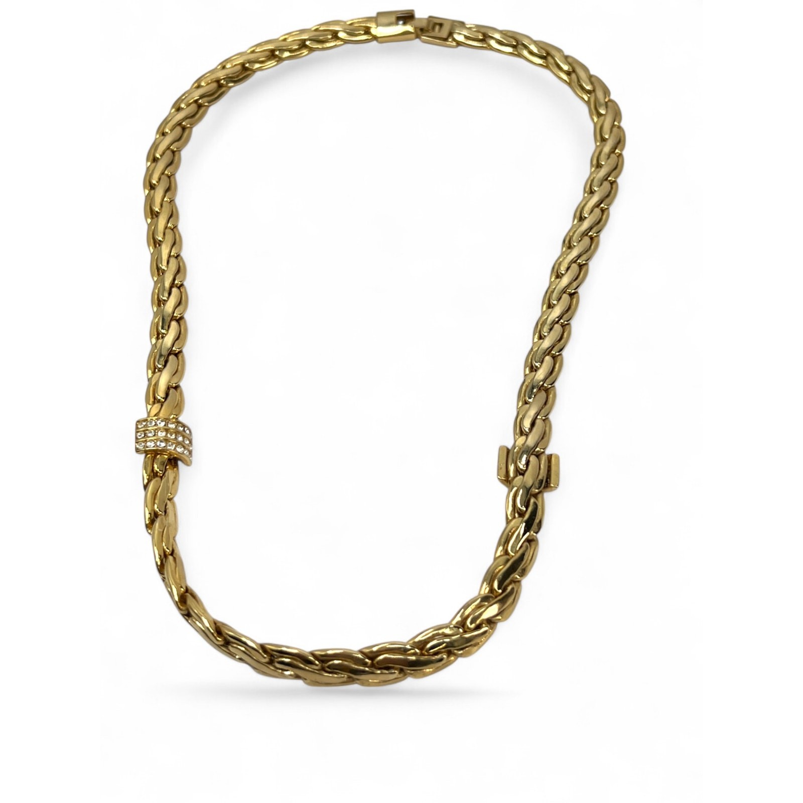 Vintage Necklace Gold Tone Plated Rope Snack Chain Crystal Rhinestone Link