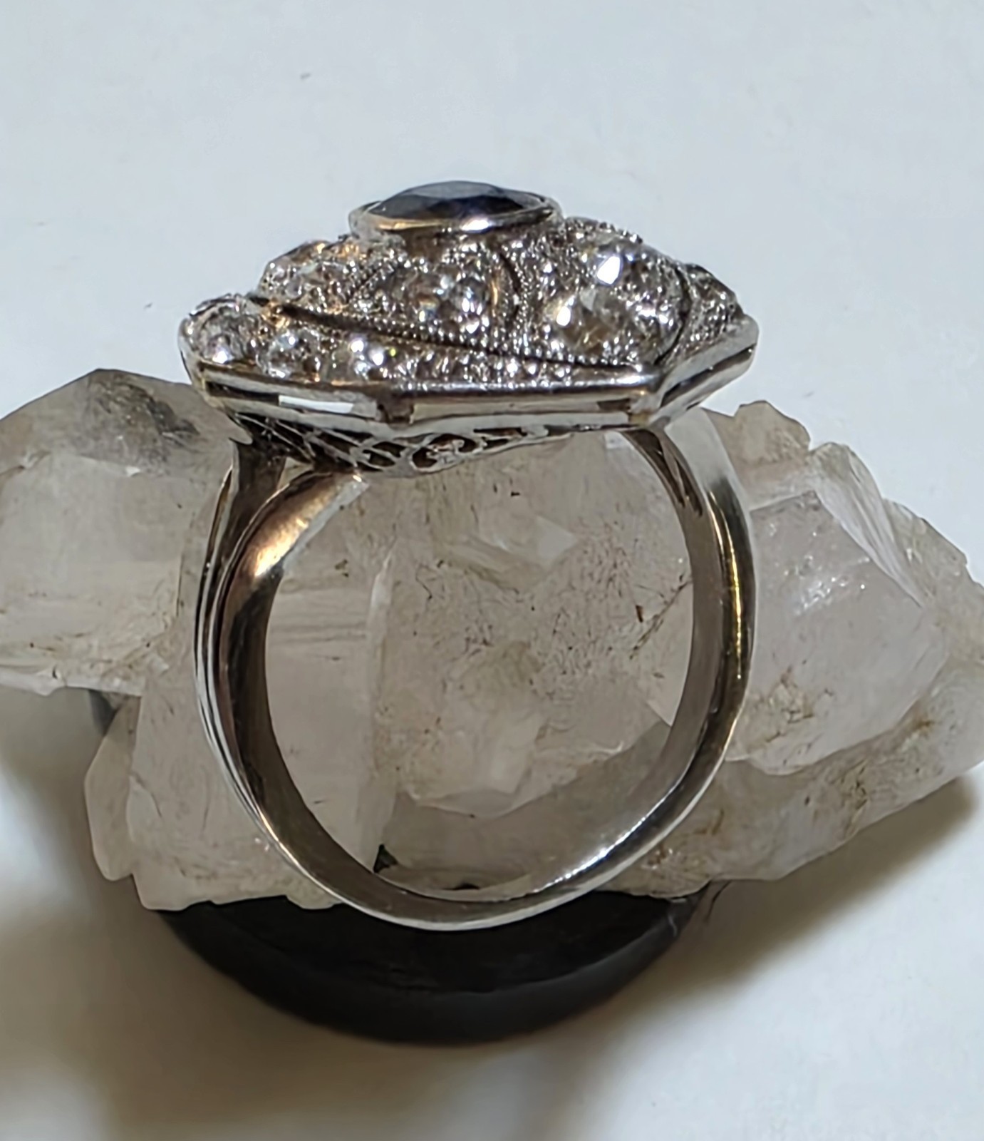 Antique Platinum Old European And Mine Cut Diamonds Blue Synthetic Sapphire Ring