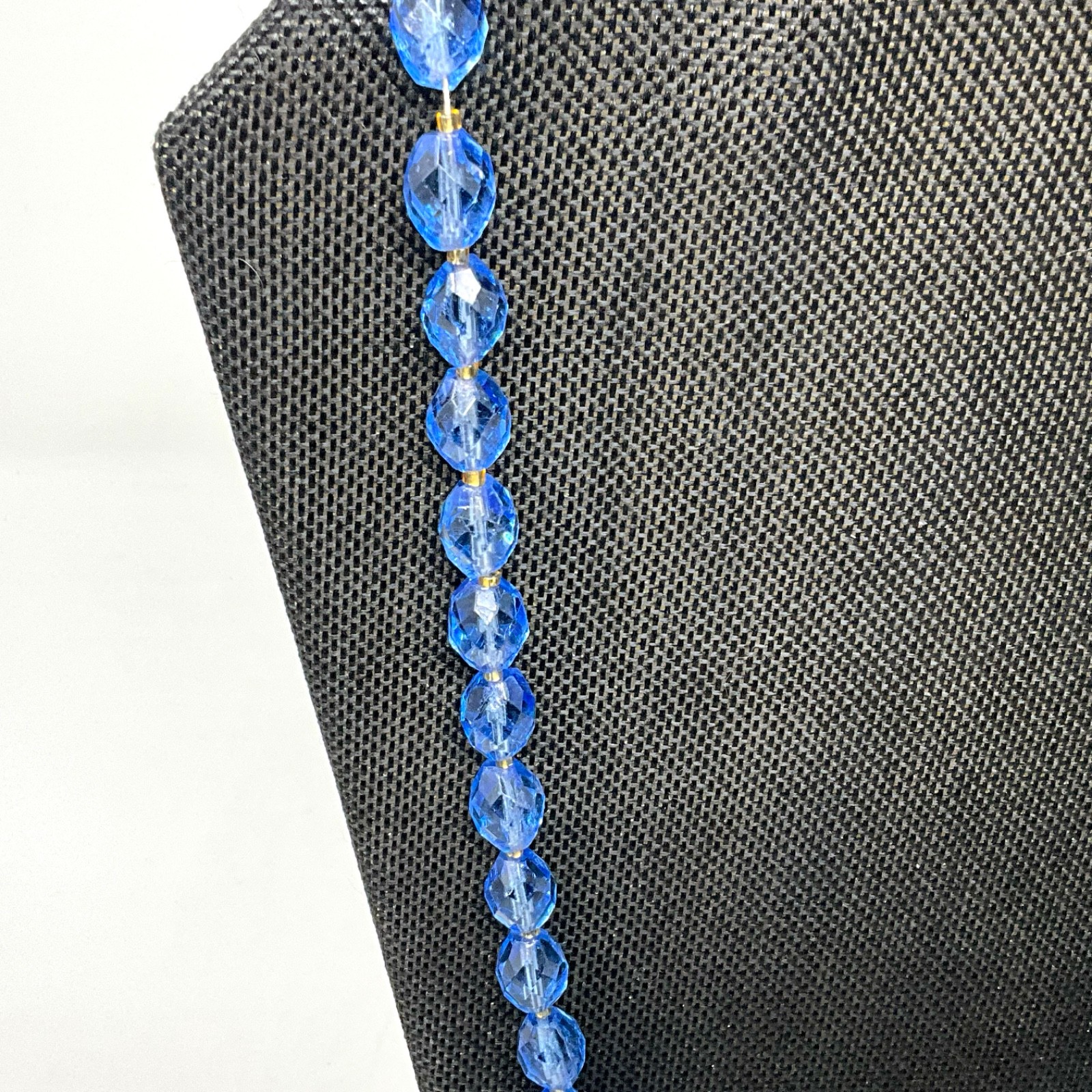 Vintage 20″ Faceted Blue Glass Bead Necklace and Dangle Clip Earrings Set